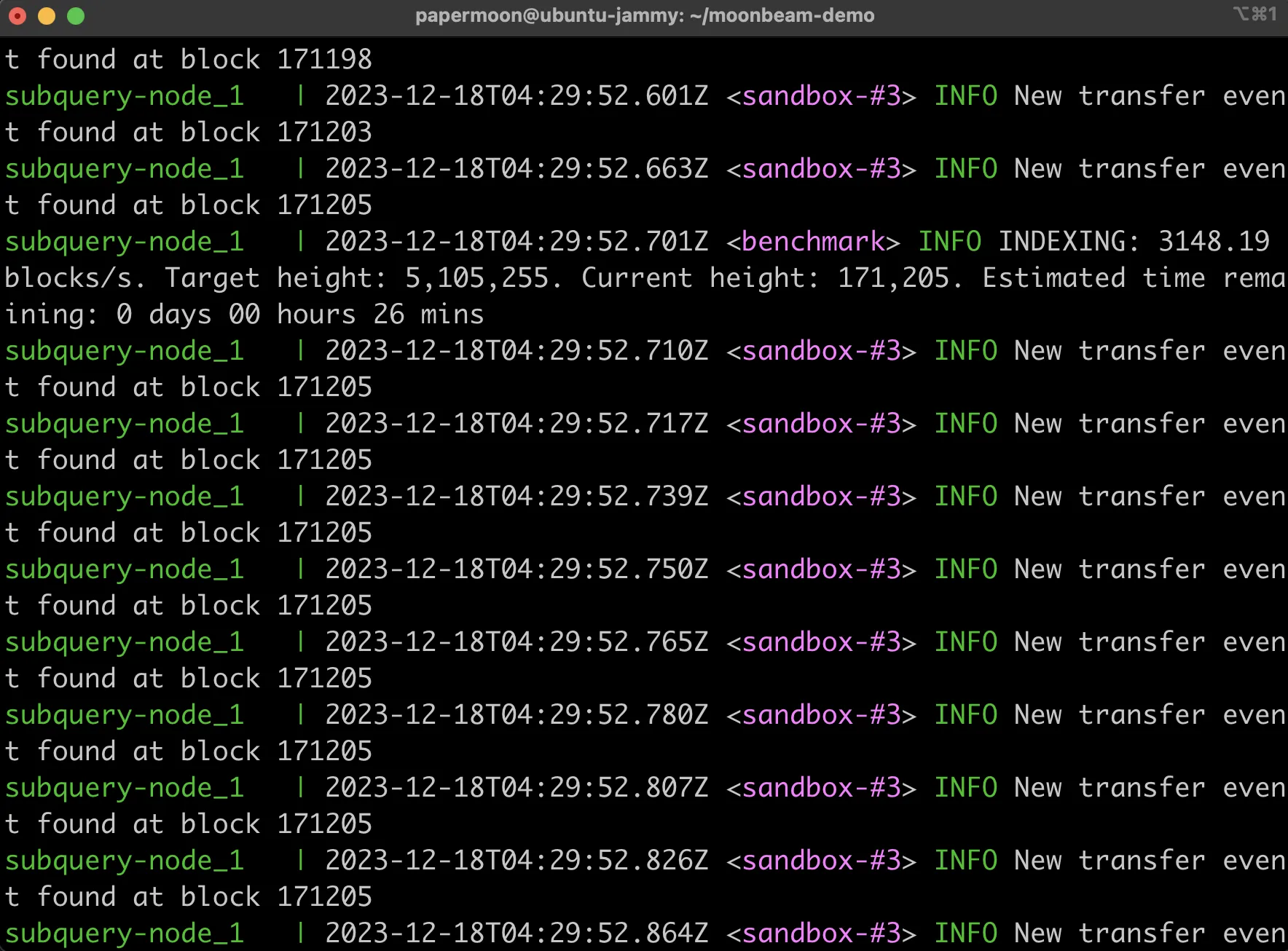 The terminal output after starting up the Docker container for your project.