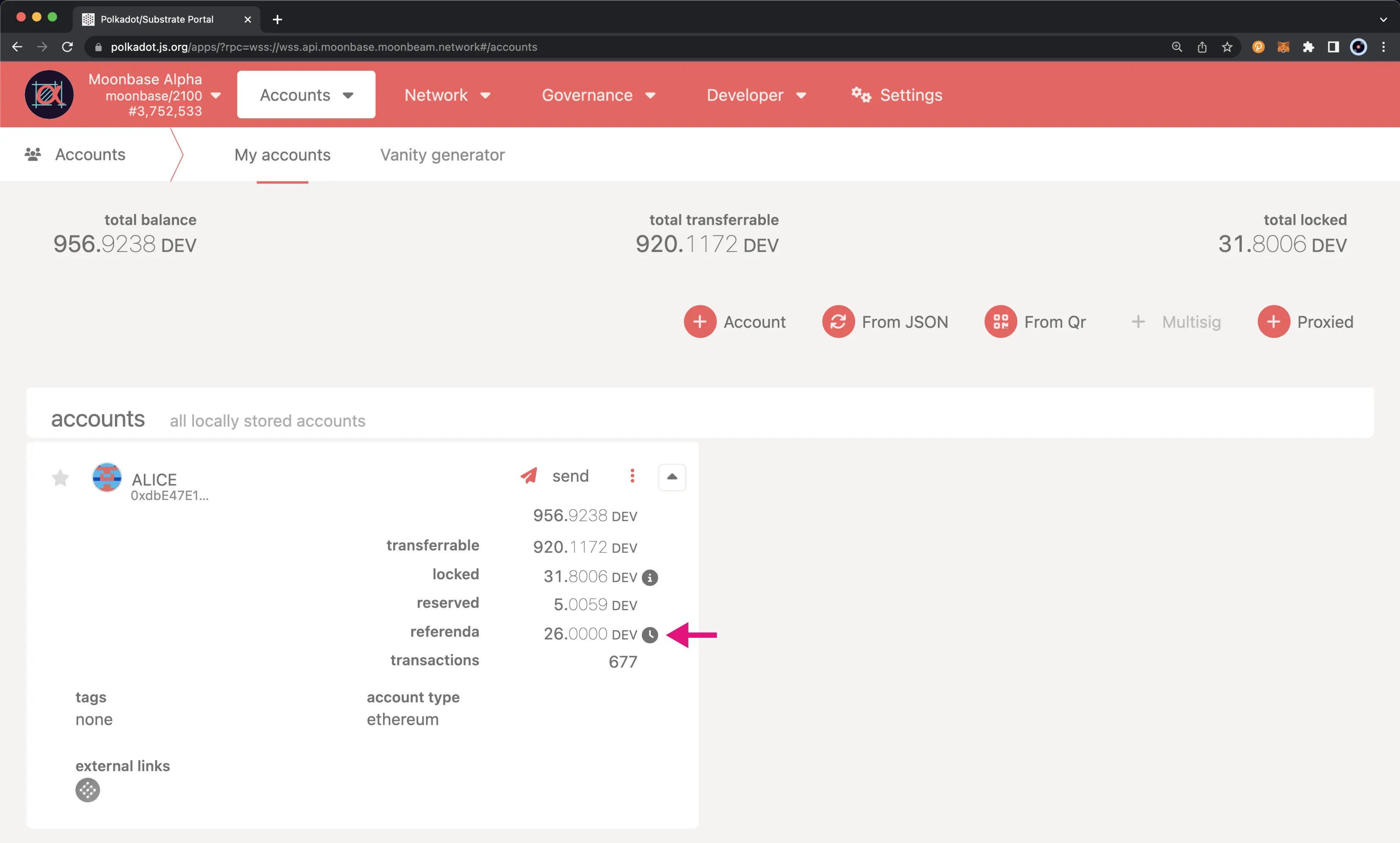 View locked balances on the account page of Polkadot.js Apps.