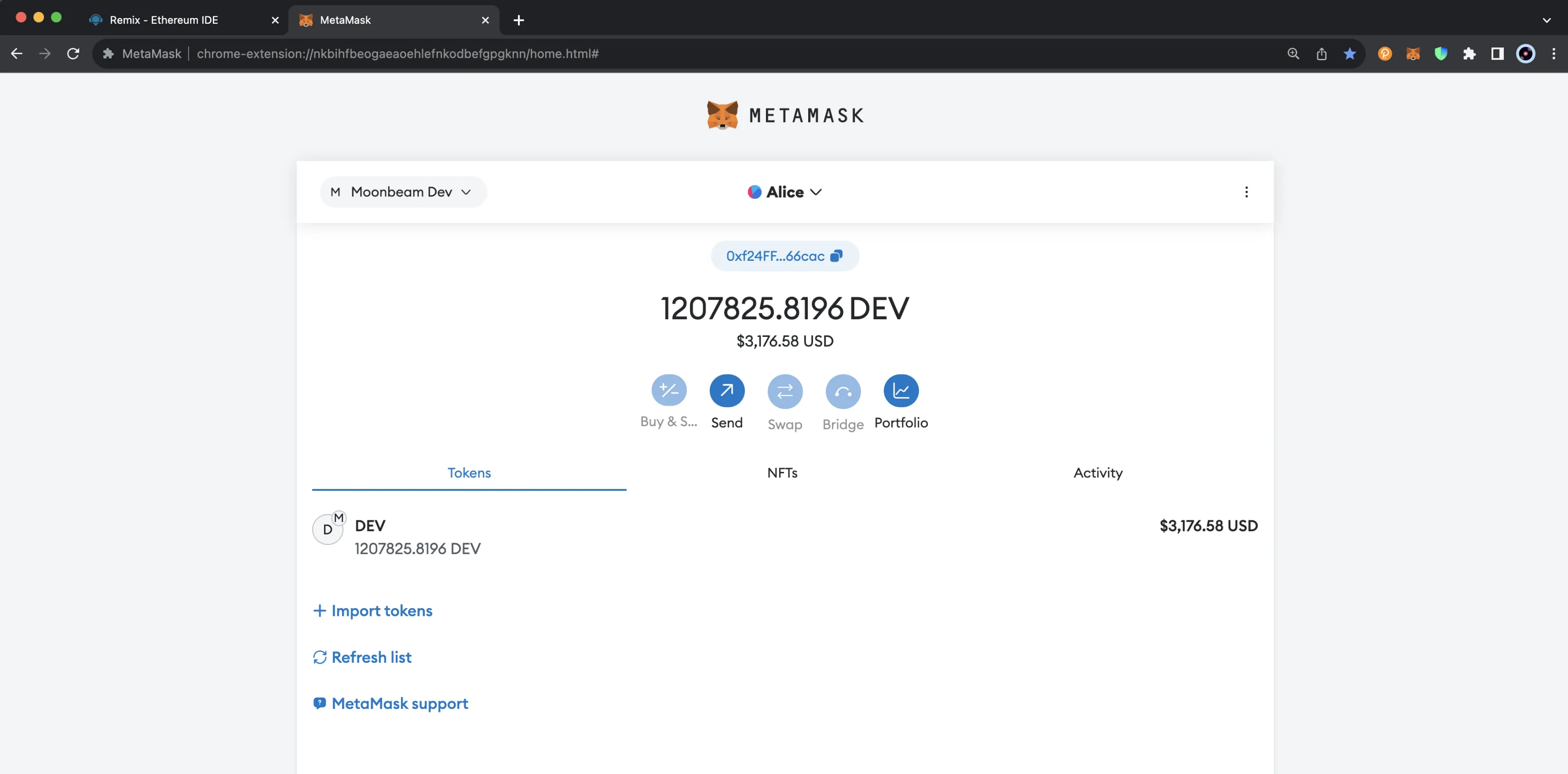 The main screen of MetaMask, which shows an account connected to a Moonbeam development node and its balance.