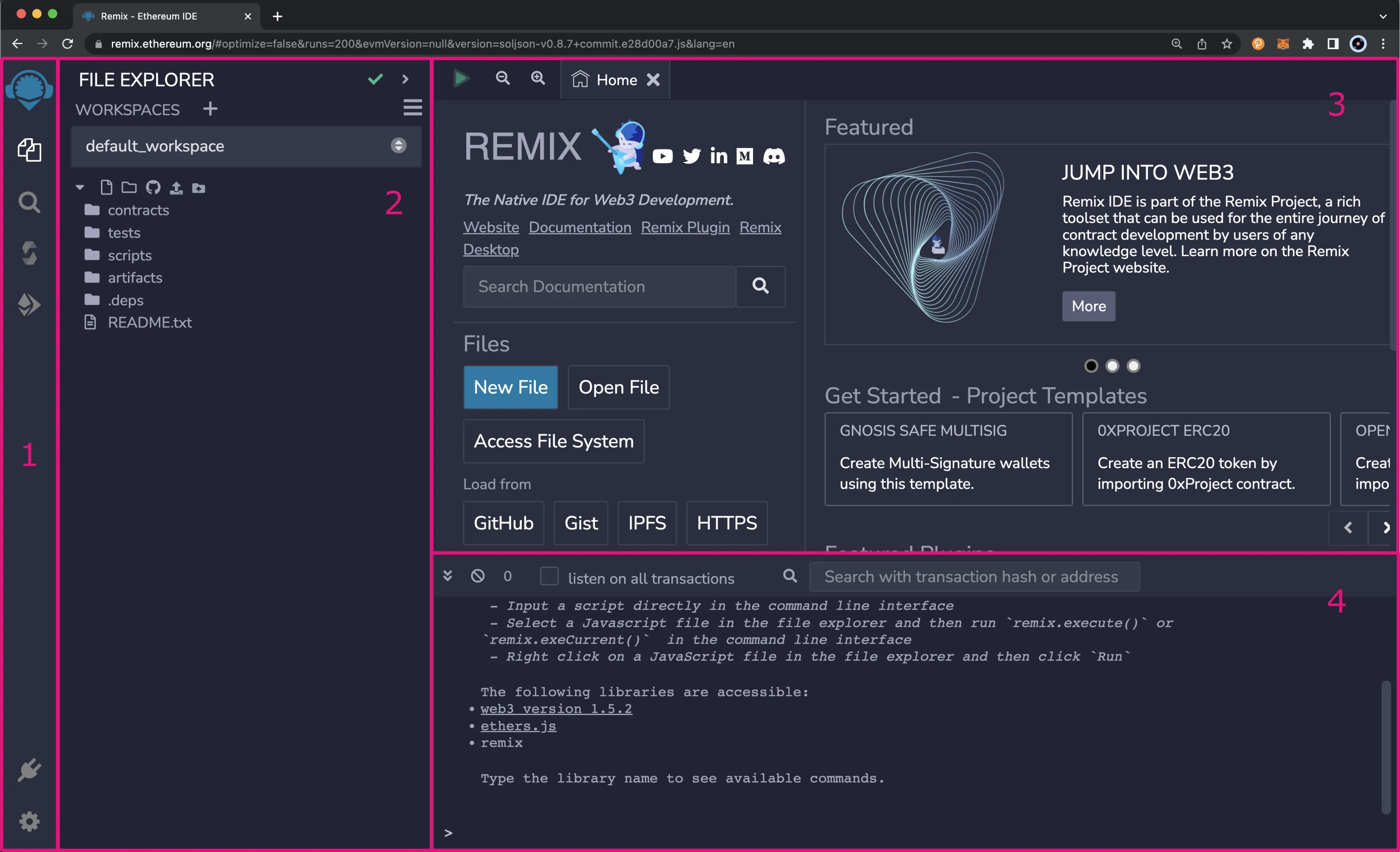 The layout of Remix IDE and its four sections.
