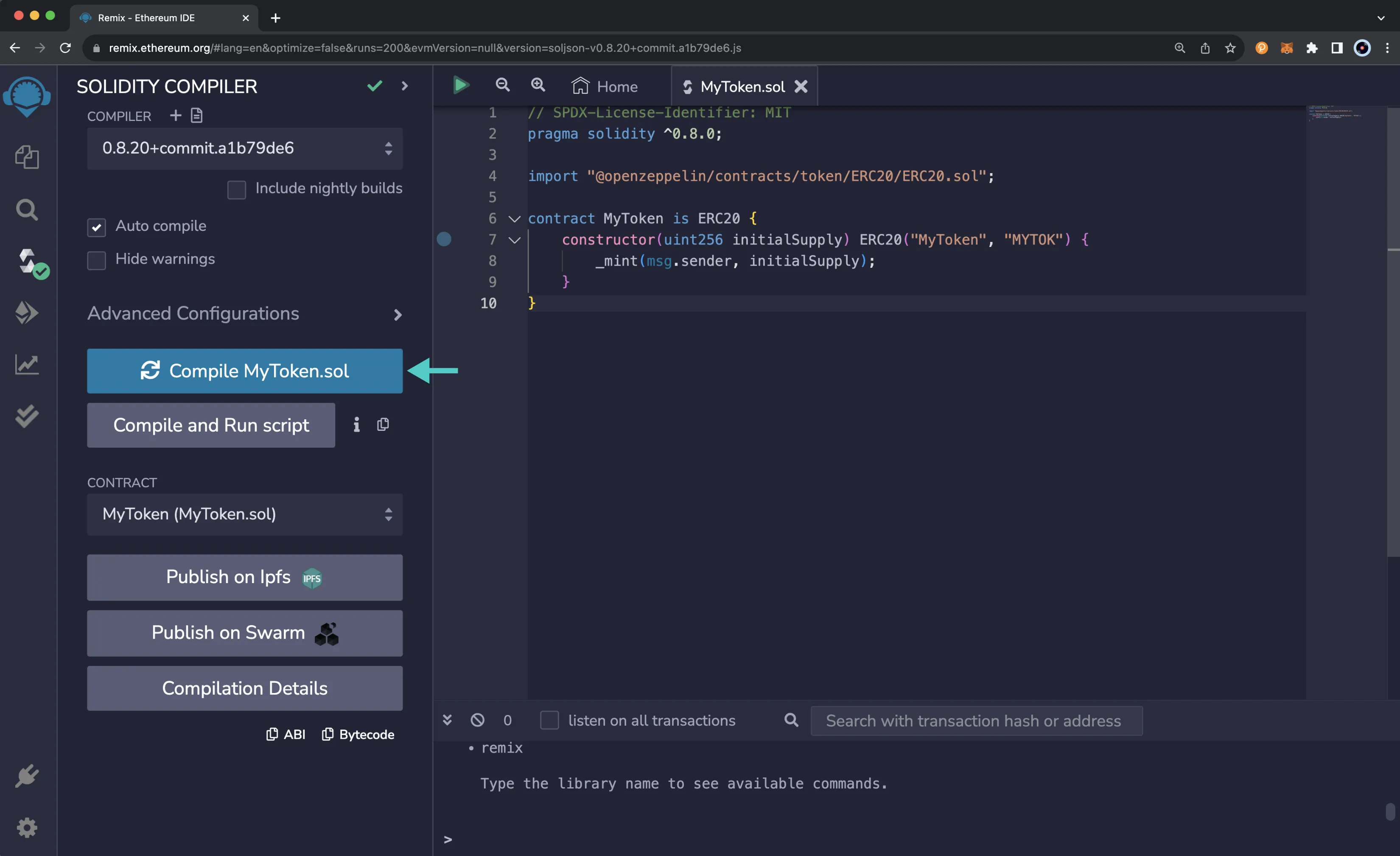 The Solidity compiler plugin shown in the side panel in Remix.