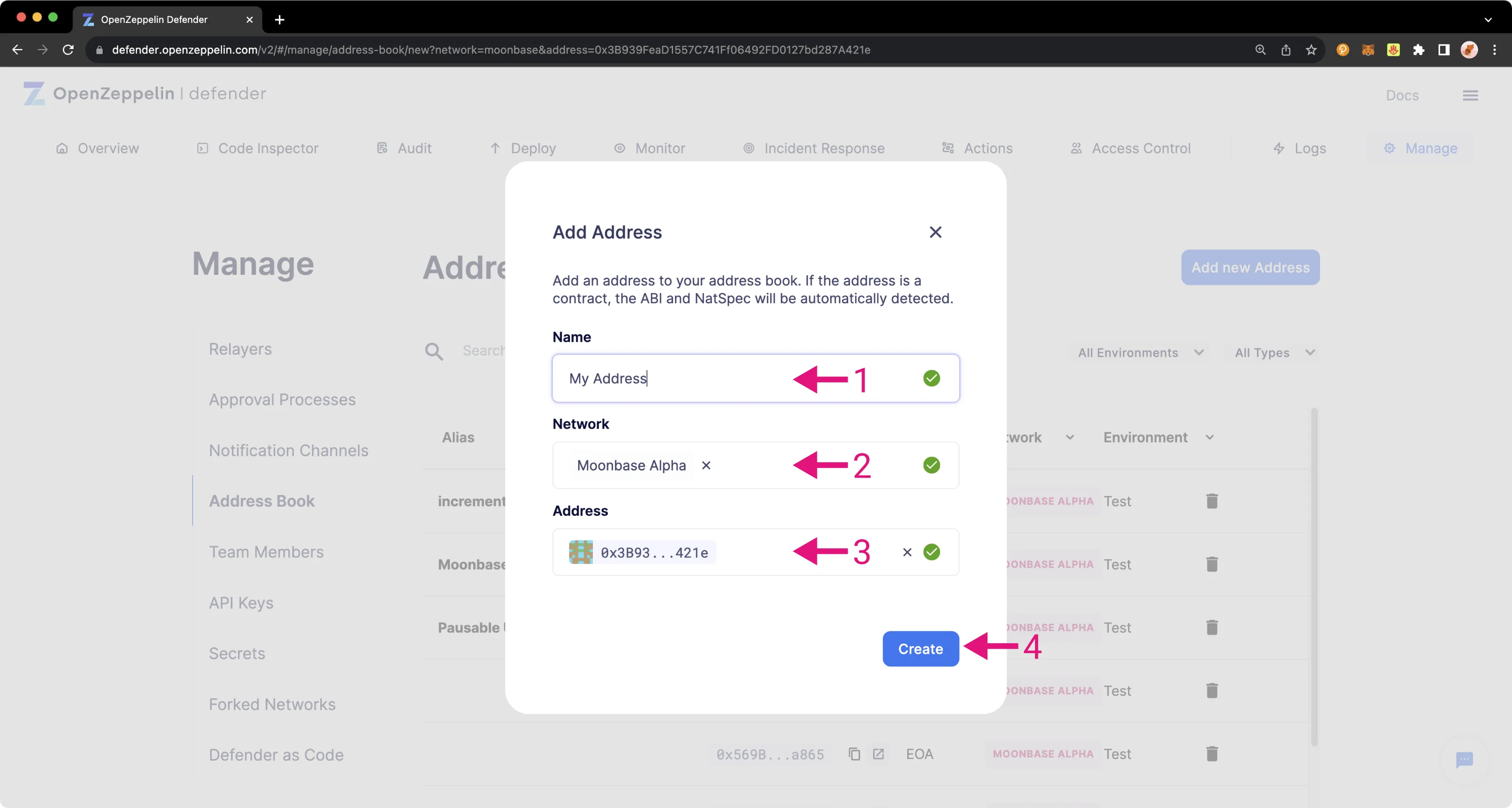 OpenZeppelin Defender Manage Address Book