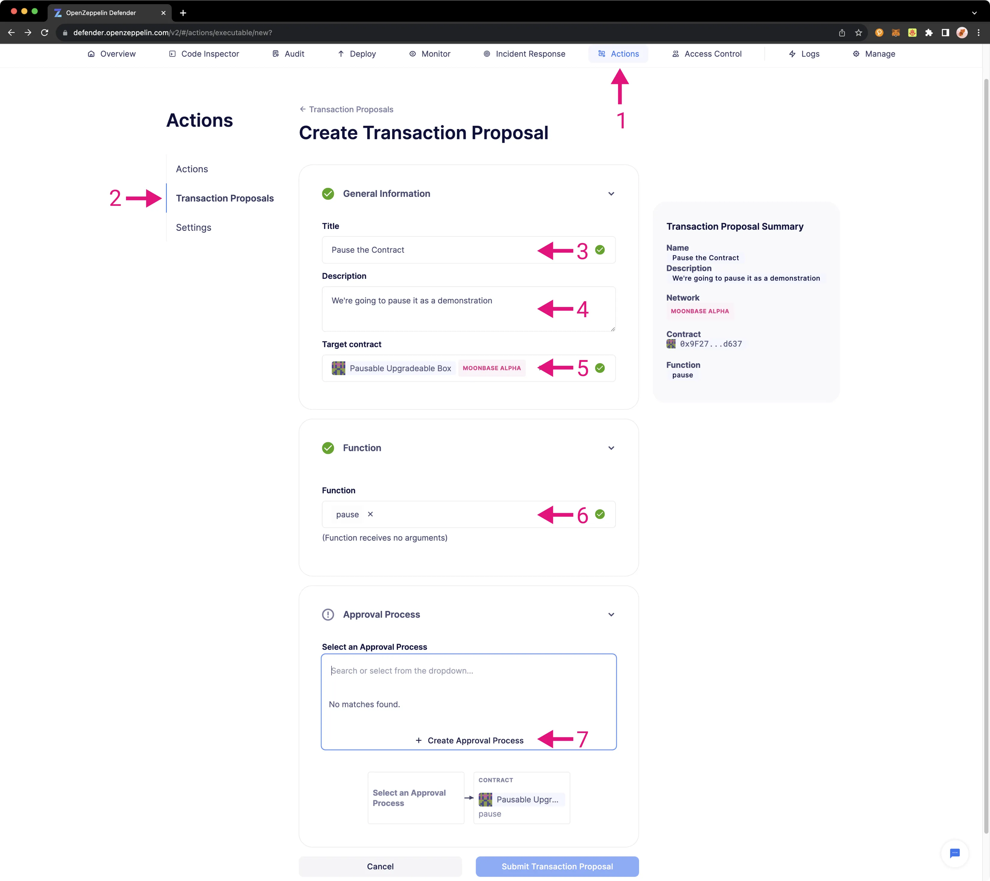 OpenZeppelin Defender Actions New Pause Proposal