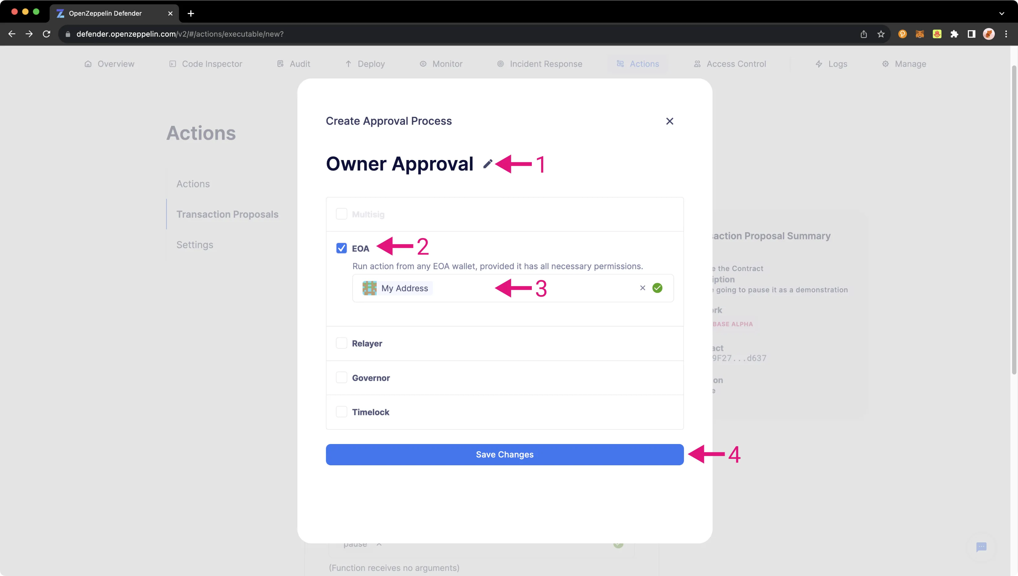 OpenZeppelin Defender Actions Create Approval Process