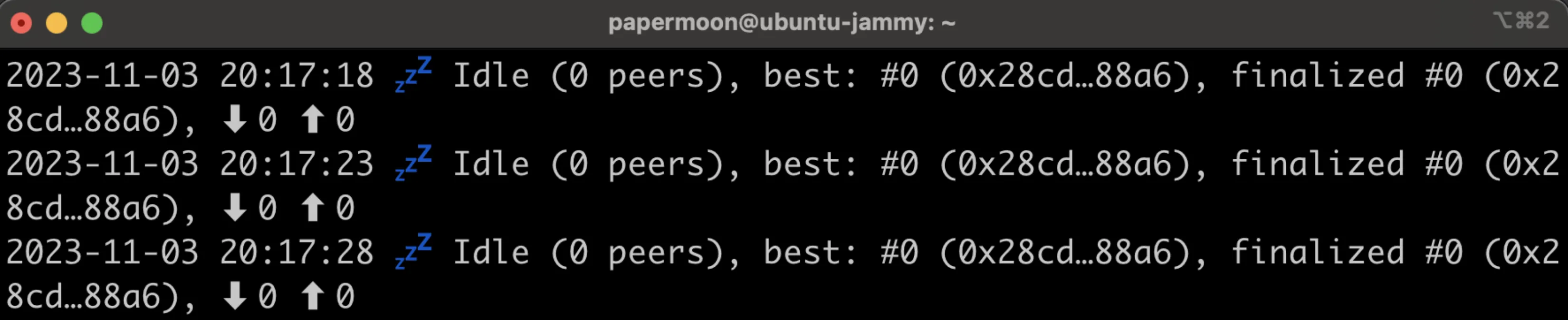 The terminal logs of for a local Moonbeam development node that is producing blocks.