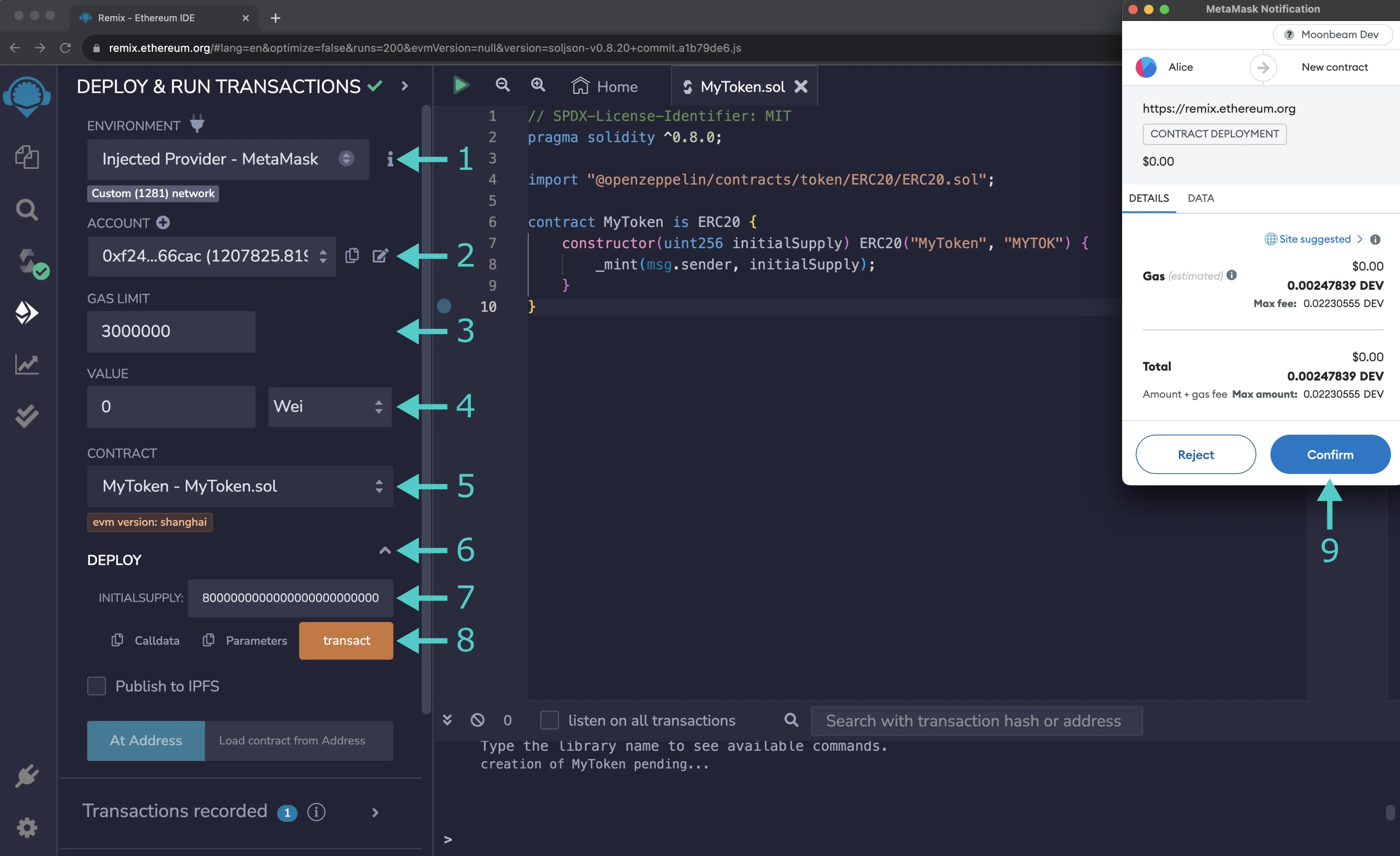 The Deploy and run transactions side panel completely filled out to perform a contract deployment.