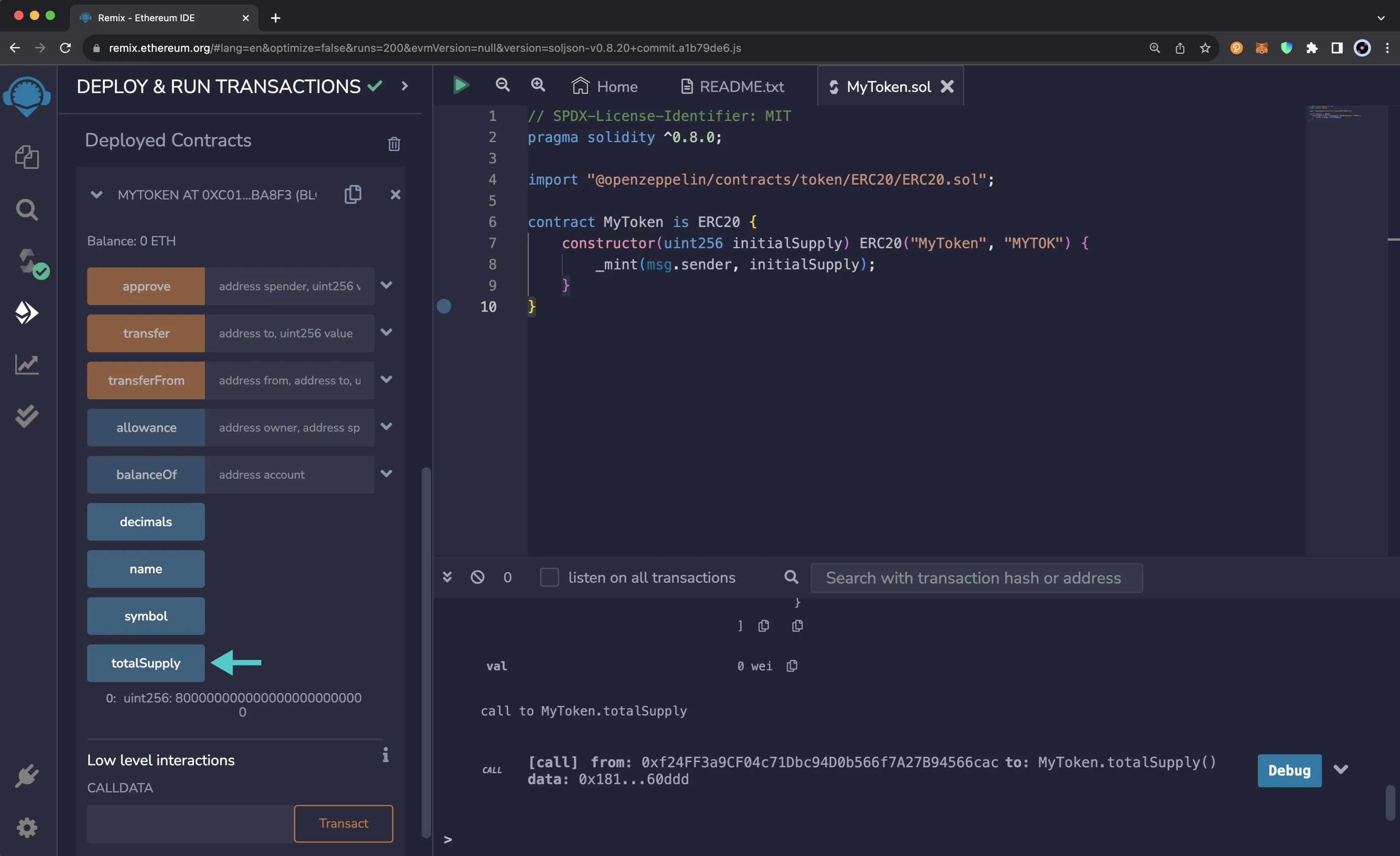 A view of the functions available in the deployed ERC-20 contract and the response from calling the tokenSupply function.