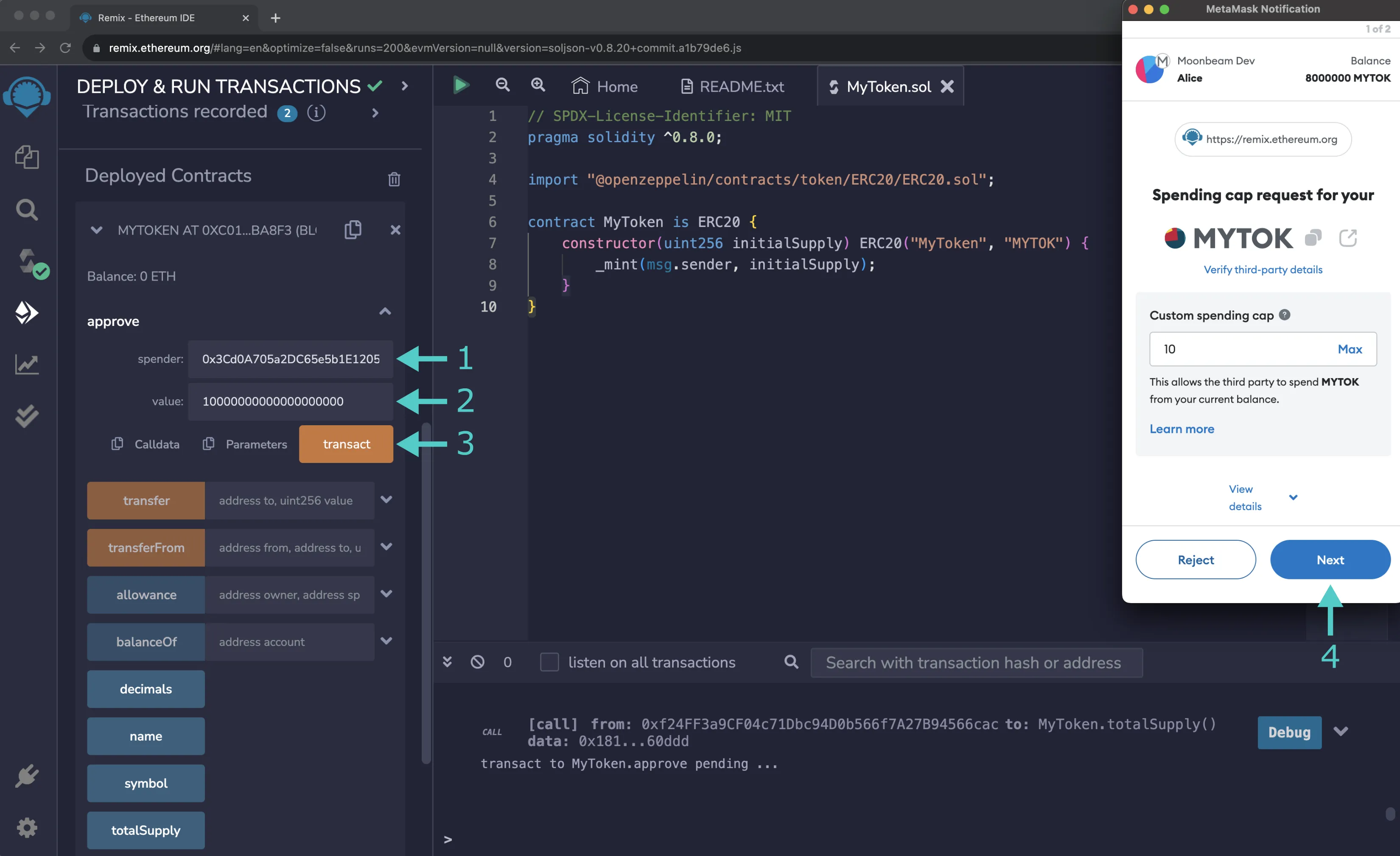 The inputs for the approve function of the ERC-20 contract and the MetaMask pop-up for the approval.