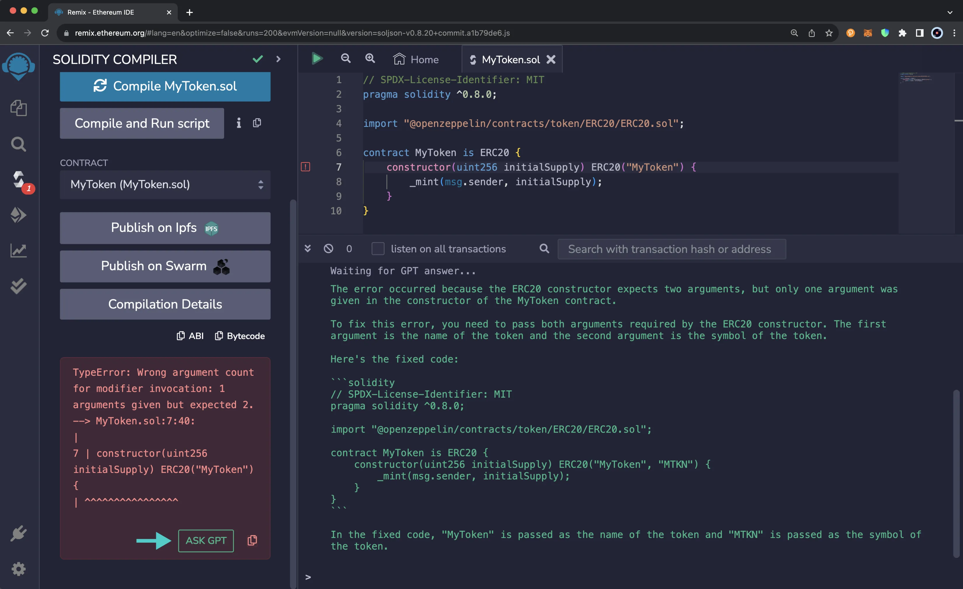 An error message shown in the side panel for the Solidity compiler plugin with an ASK GPT button for debugging.