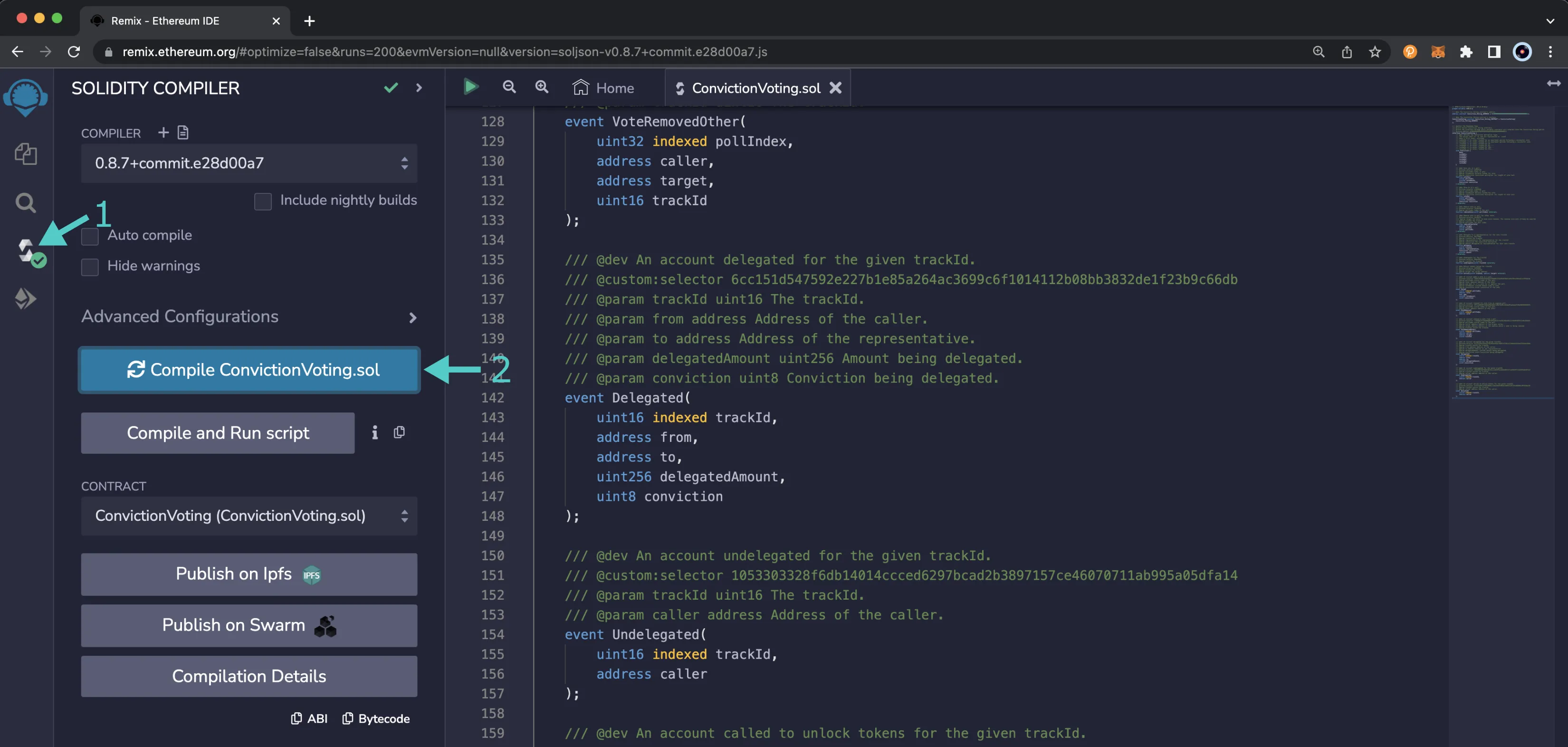 Compile the ConvictionVoting.sol interface using Remix.