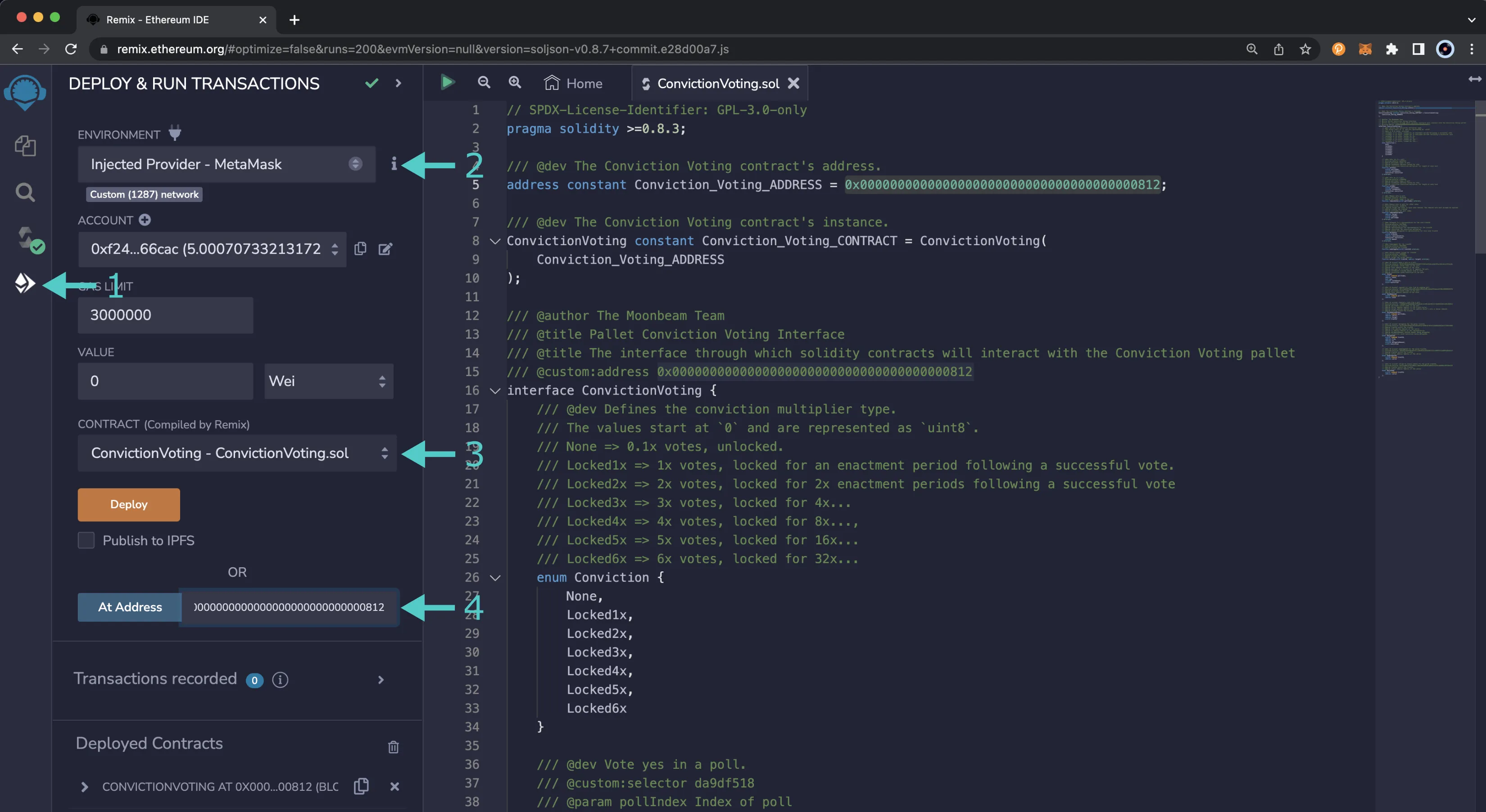 Access the ConvictionVoting.sol interface by provide the precompile's address.