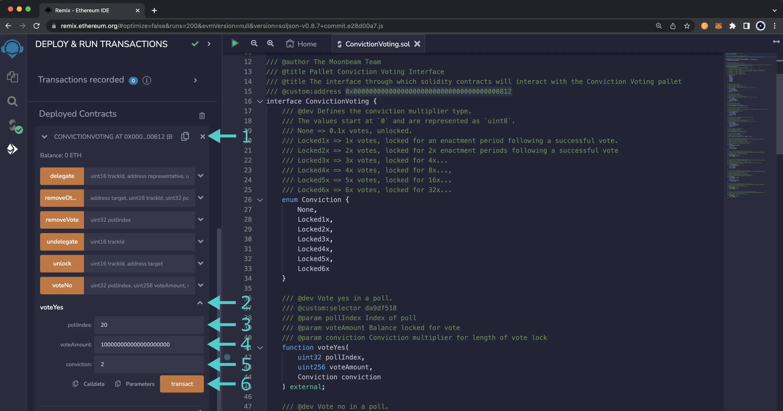 Vote on the proposal using the voteYes function of the Conviction Voting Precompile.