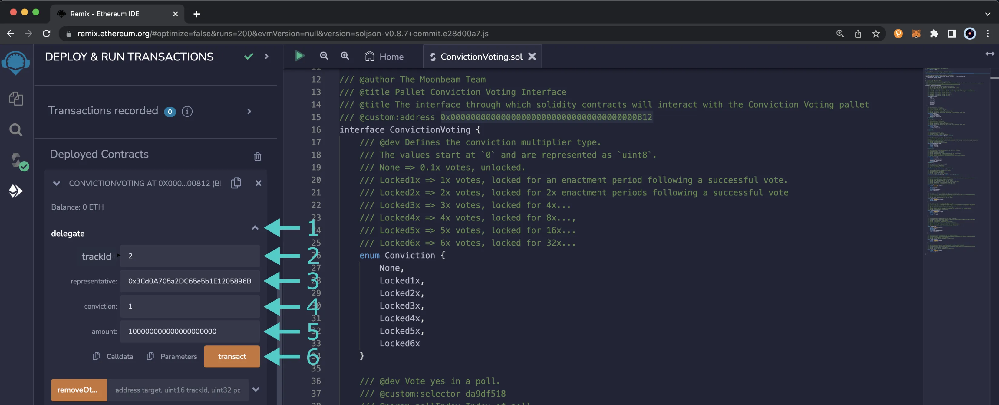 Delegate a vote using the delegate function of the Conviction Voting Precompile.