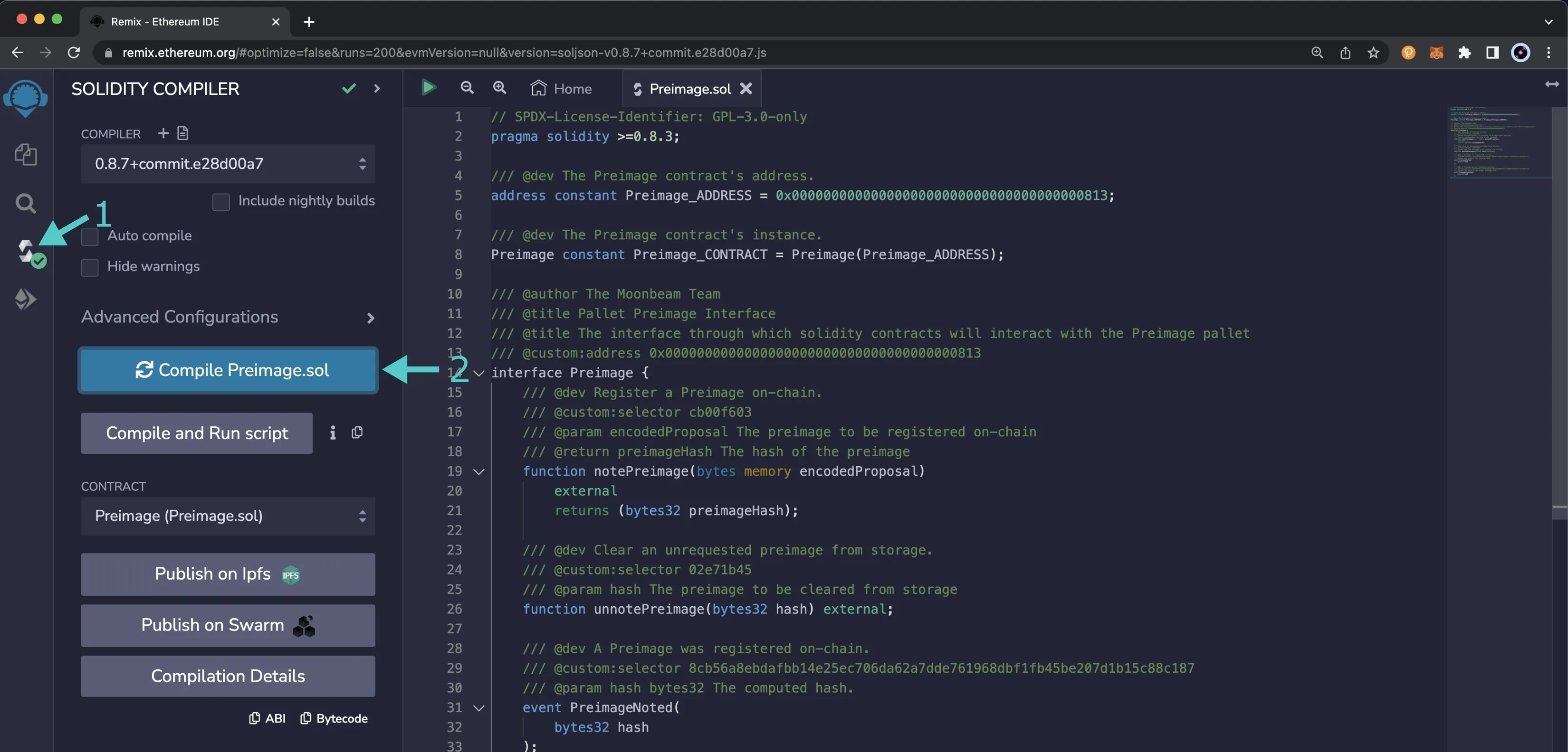 Compile the Preimage.sol interface using Remix.