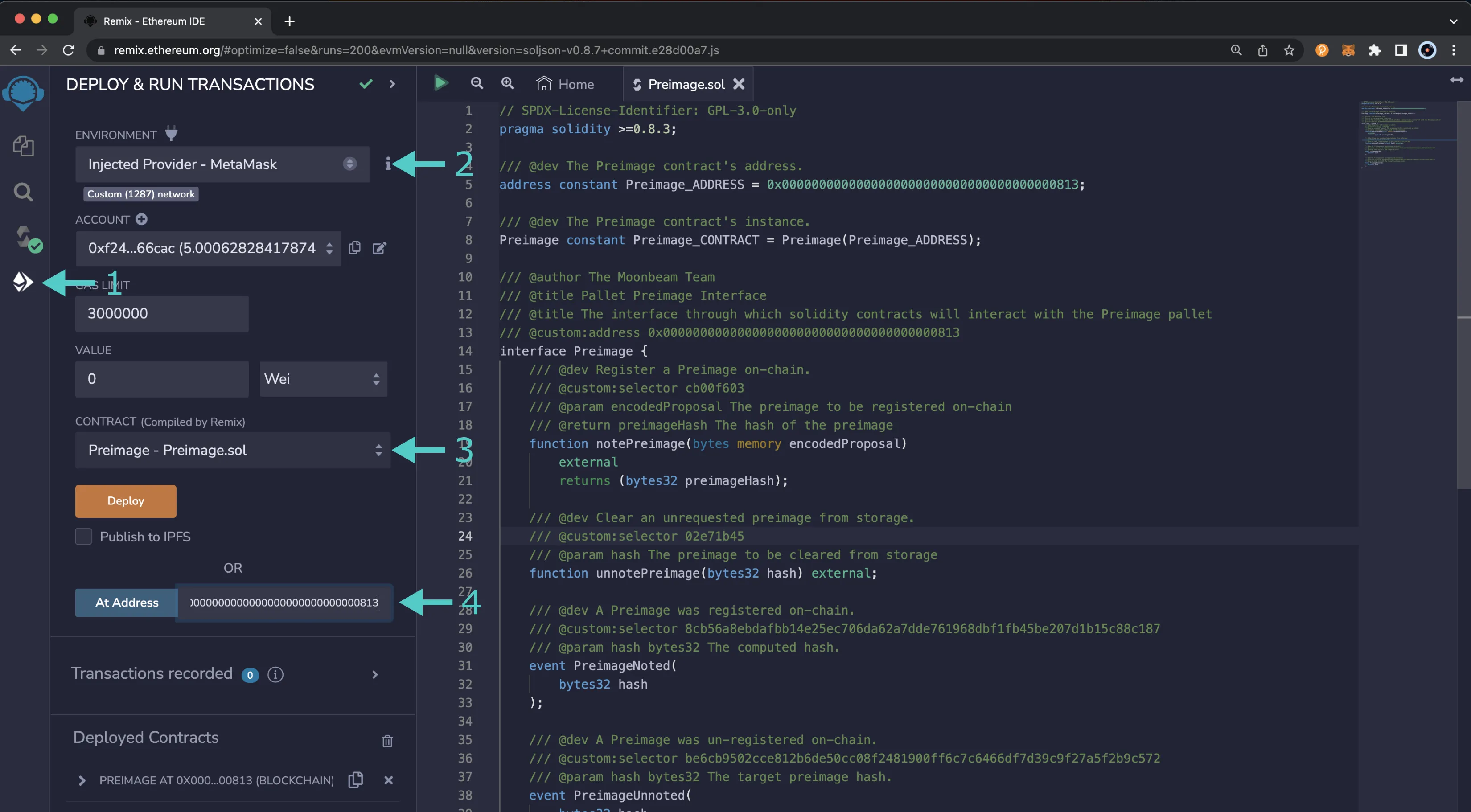 Access the Preimage.sol interface by provide the precompile's address.