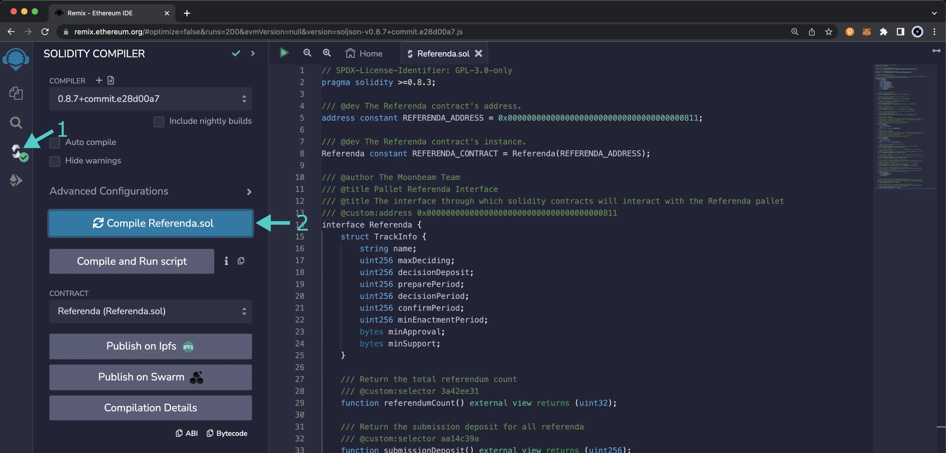 Compile the Referenda.sol interface using Remix.