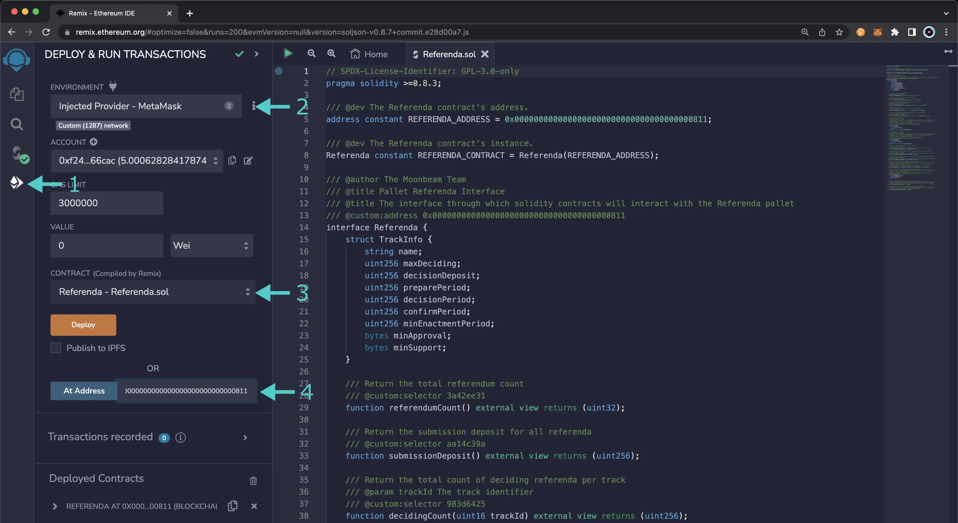 Access the Referenda.sol interface by provide the precompile's address.