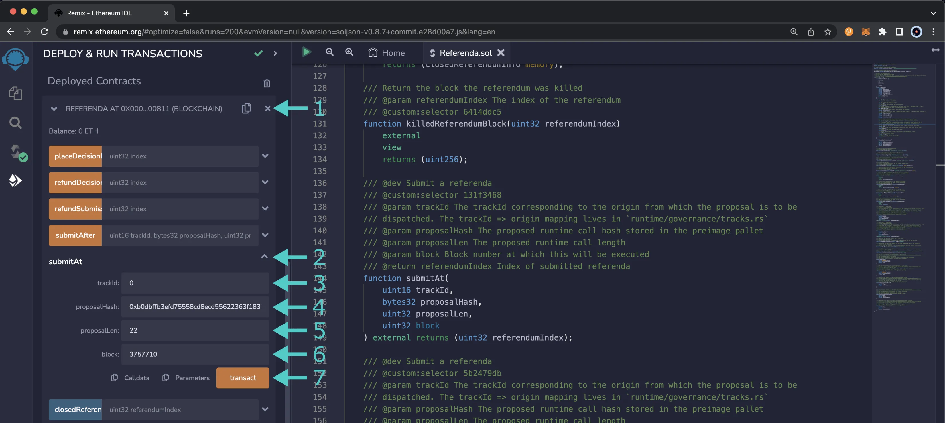 Submit the proposal using the submitAt function of the Referenda Precompile.