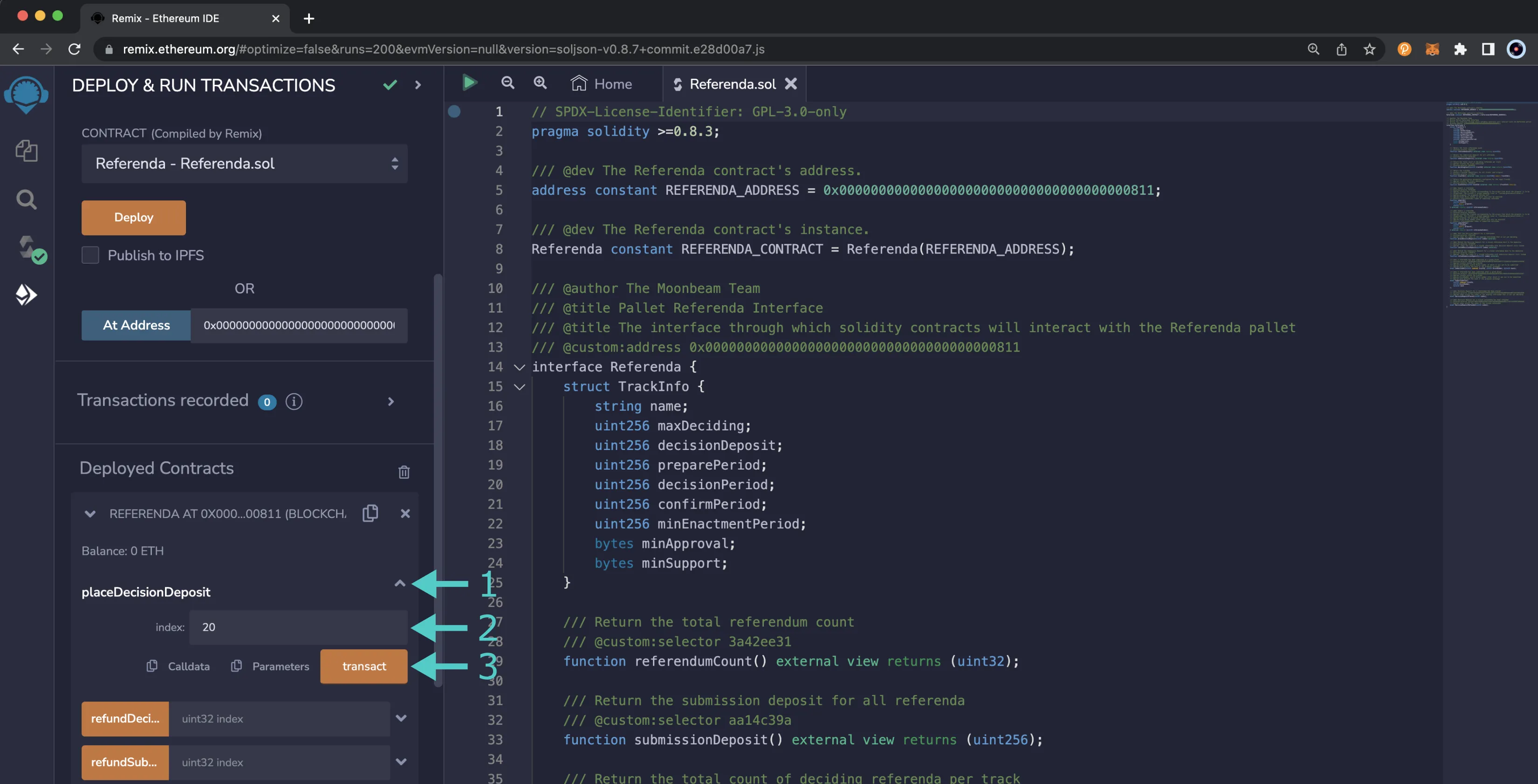 Place the Decision Deposit for a Referenda using the placeDecisionDeposit function of the Referenda Precompile.