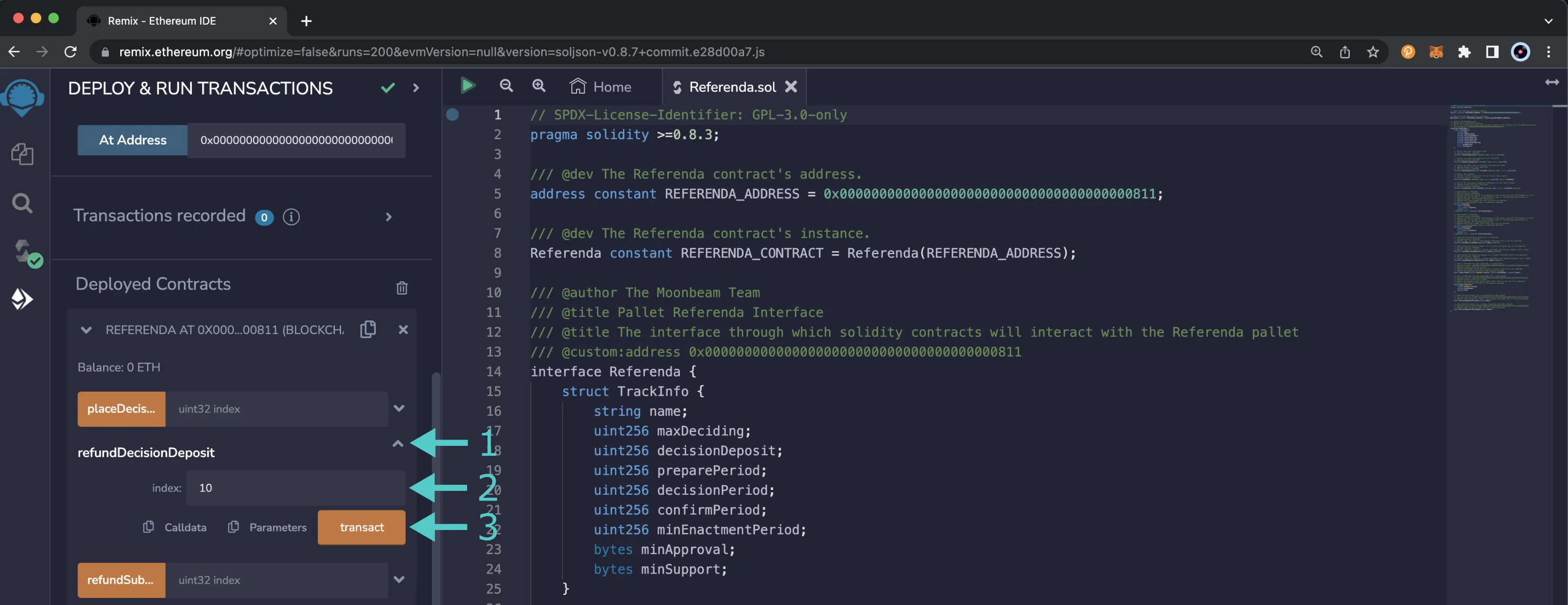 Refund the Decision Deposit for a Referenda using the placeDecisionDeposit function of the Referenda Precompile.