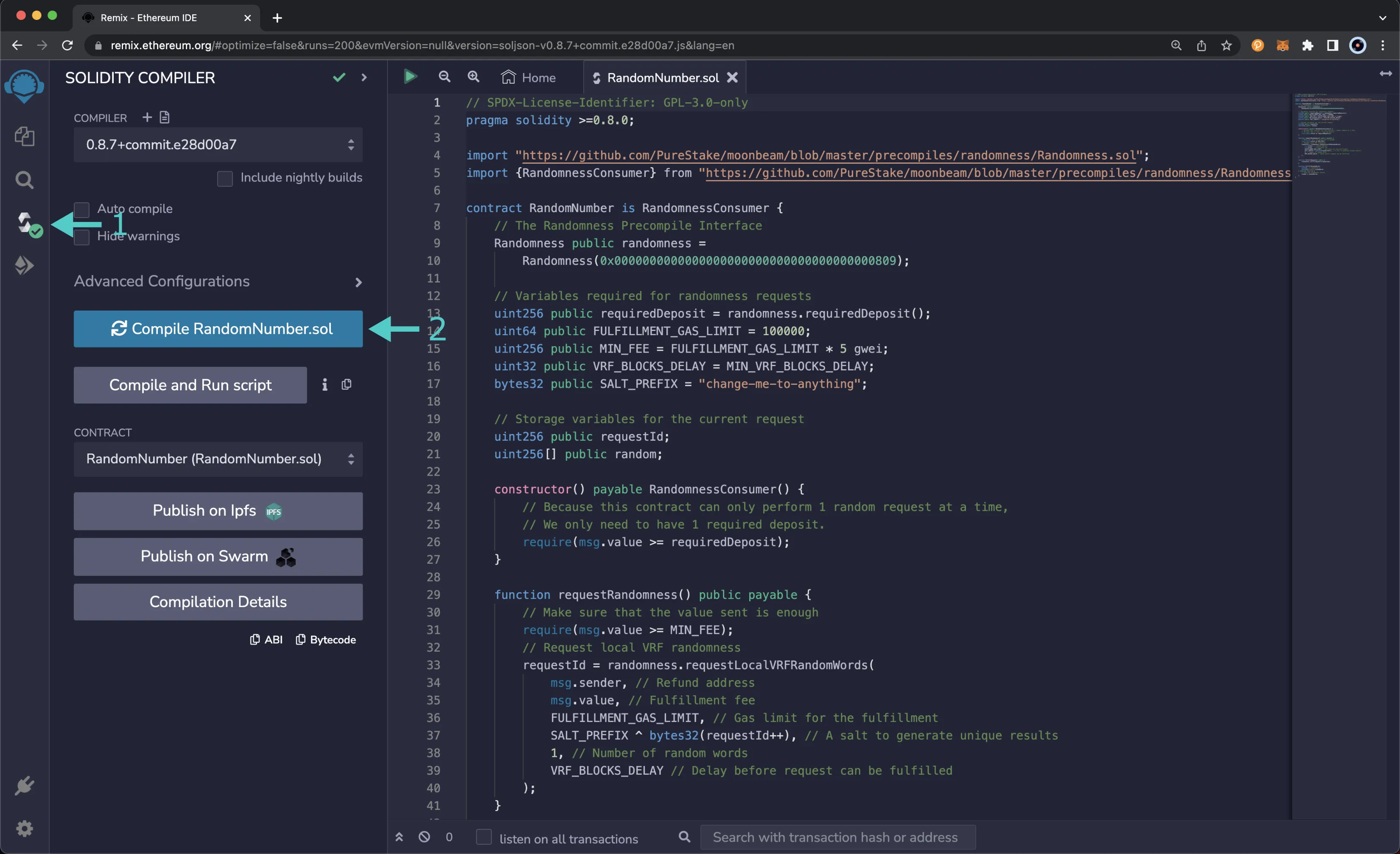 Compile the random number generator contract in Remix.