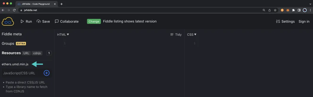 Add Ethers to JSFiddle