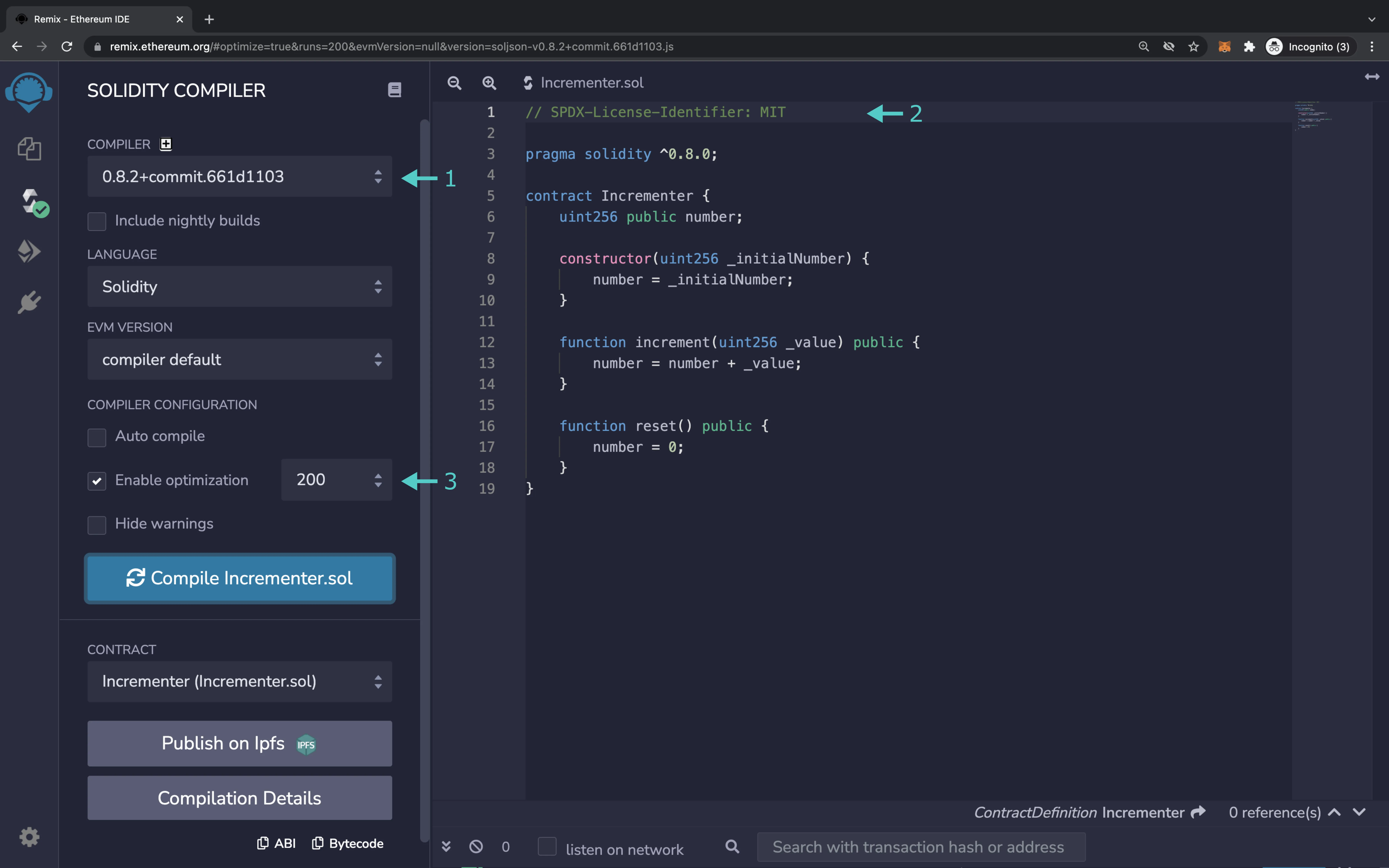 Example Compiler Options in Remix IDE