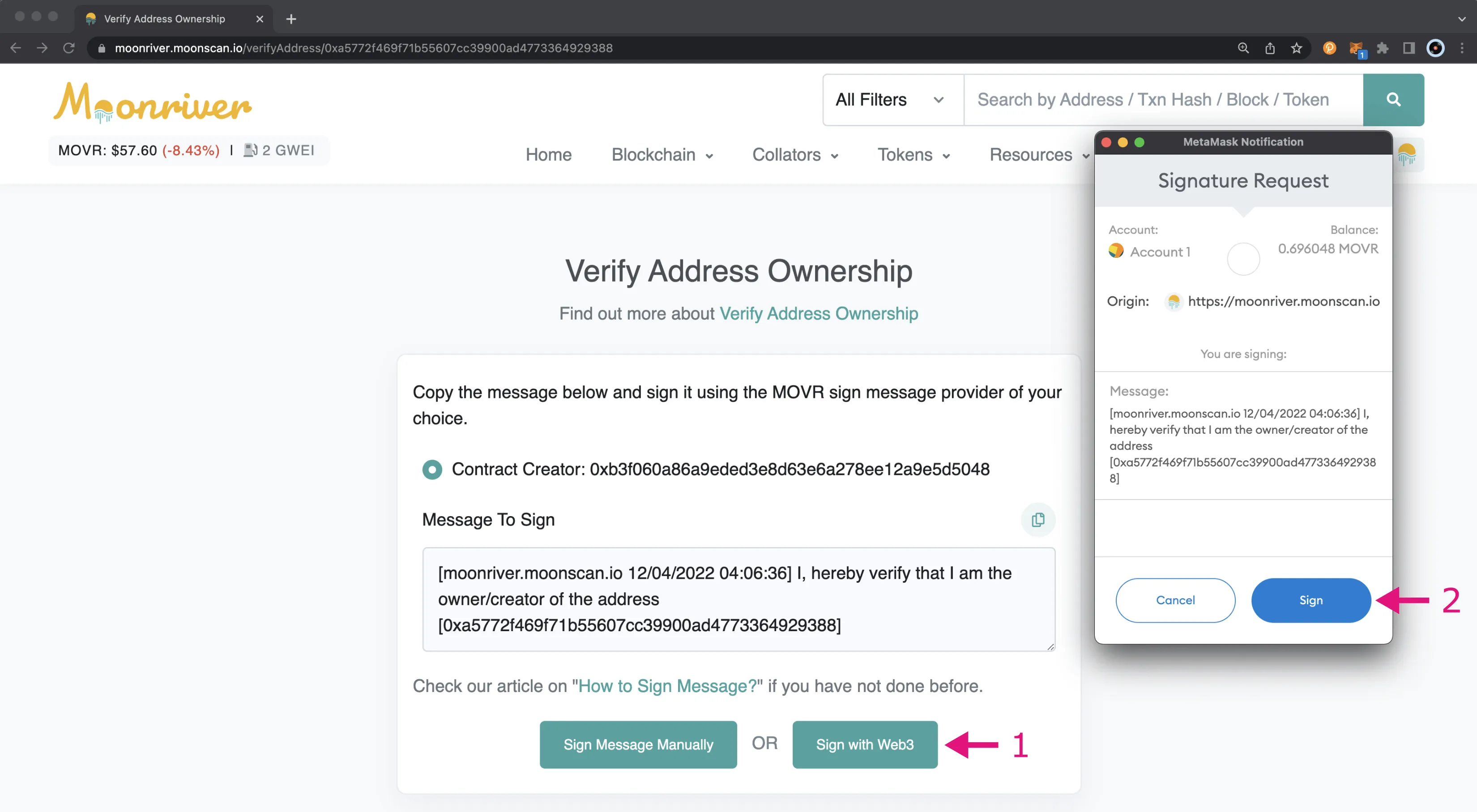 Sign message on MetaMask to verify address ownership