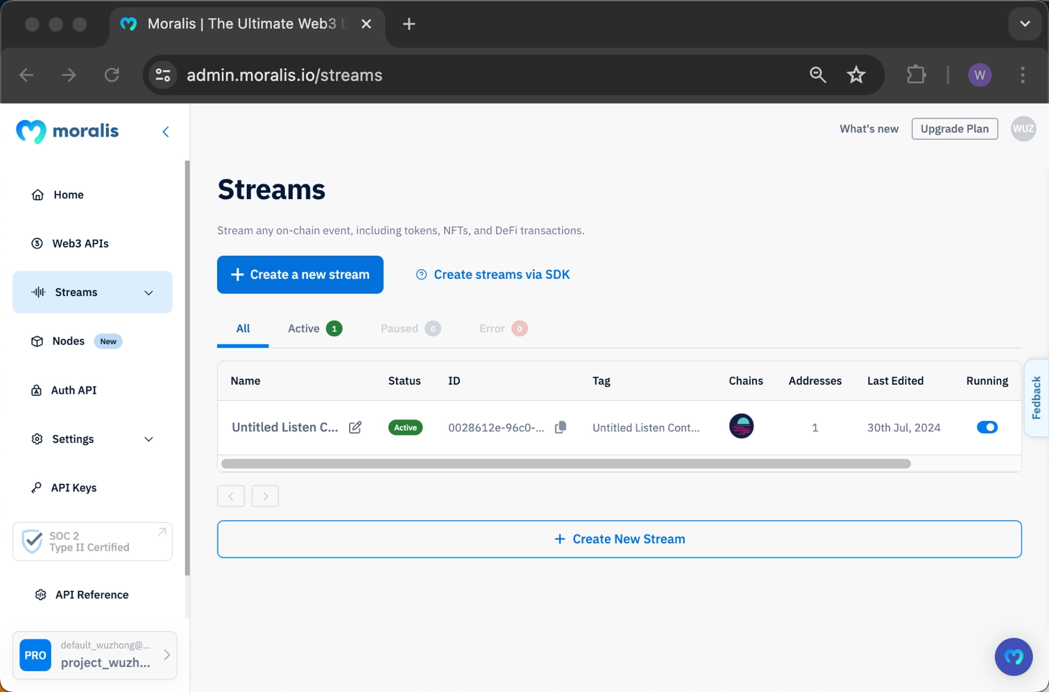 List of streams on Moralis dashboard