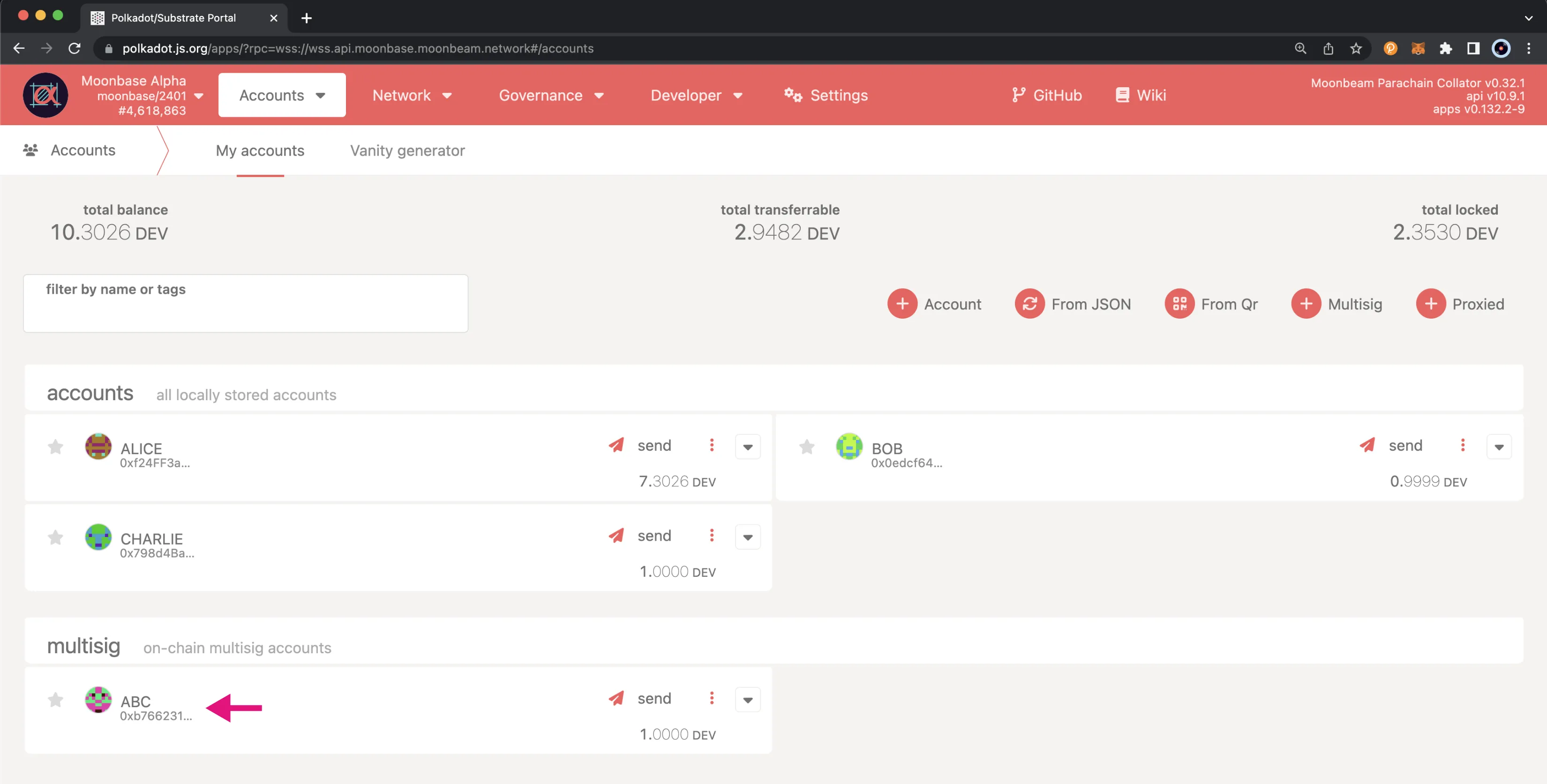 View the multisig account on the Accounts page of Polkadot.js Apps