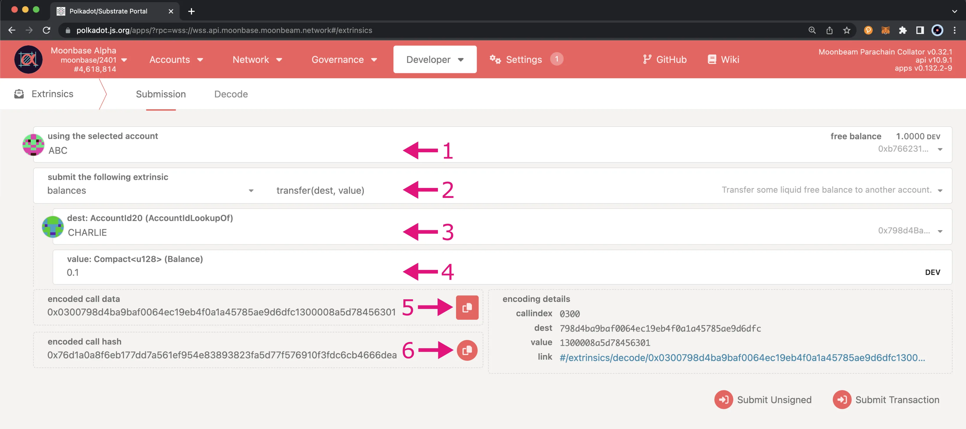 Get the encoded call data for a balance transfer