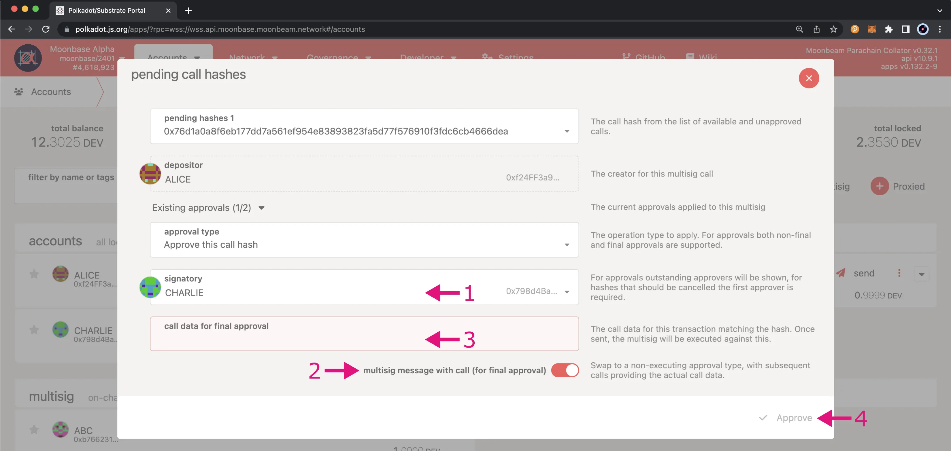 Approve and dispatch a multisig call