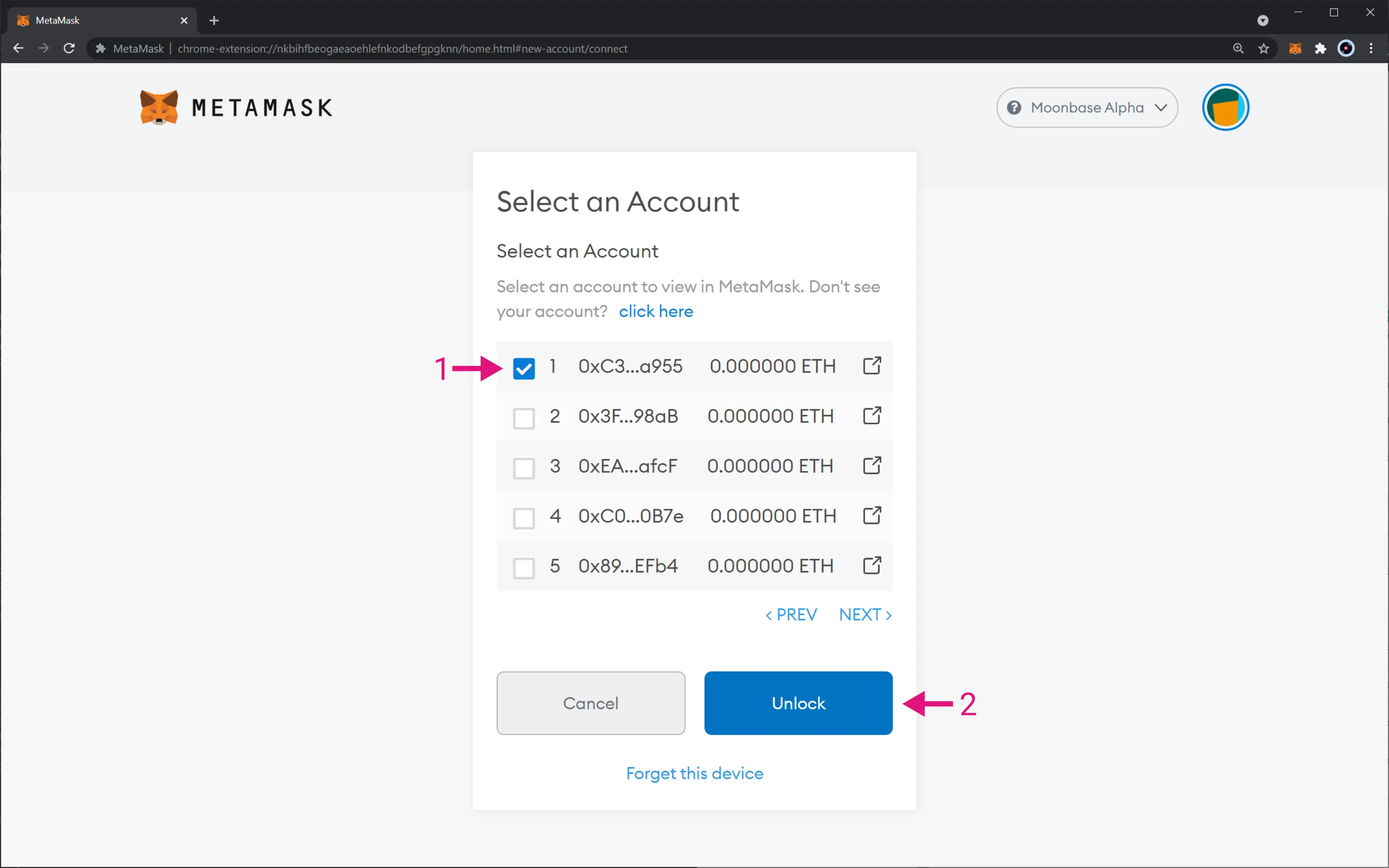 MetaMask Select Ethereum Accounts to Import