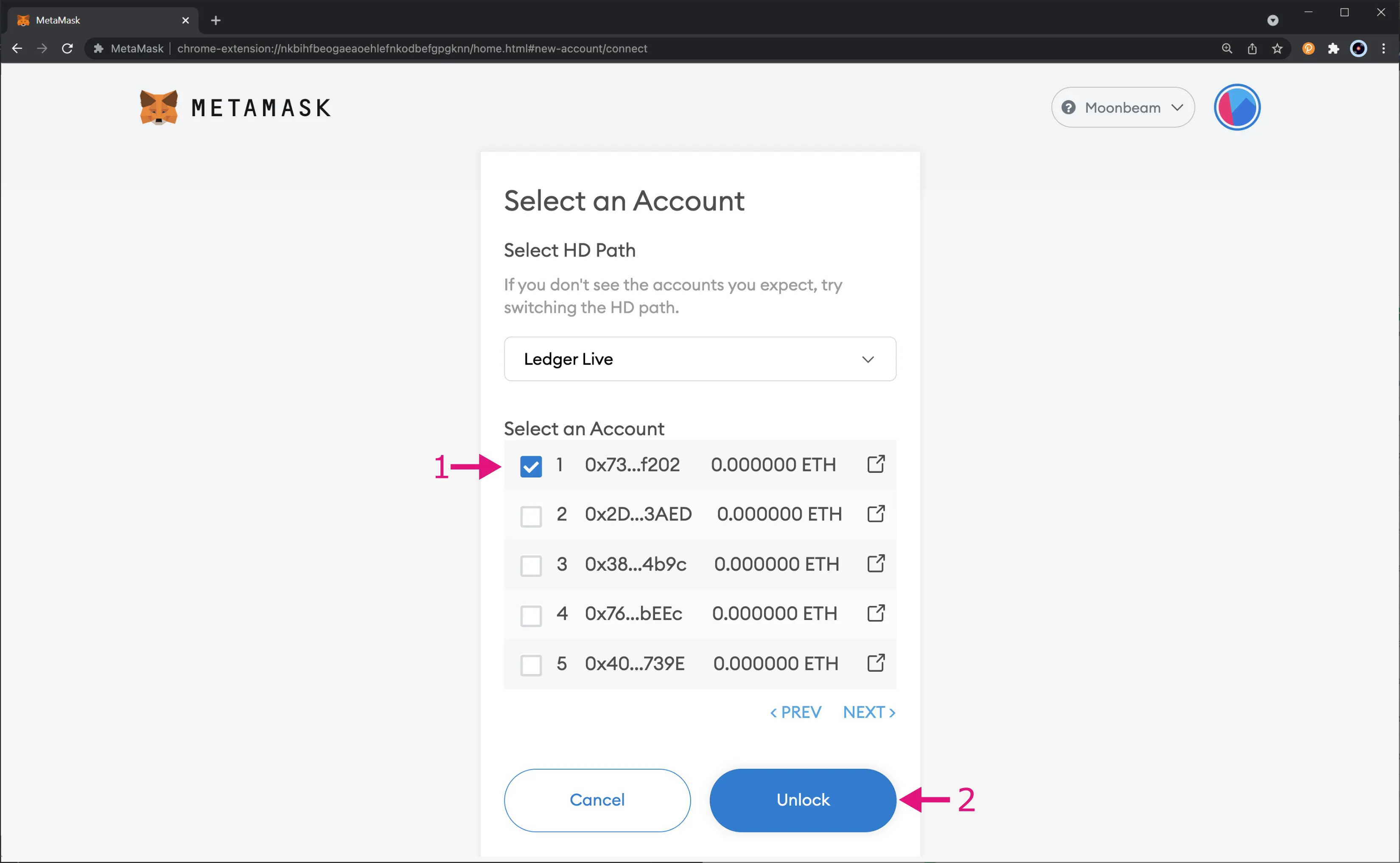 MetaMask Select Ethereum Accounts to Import