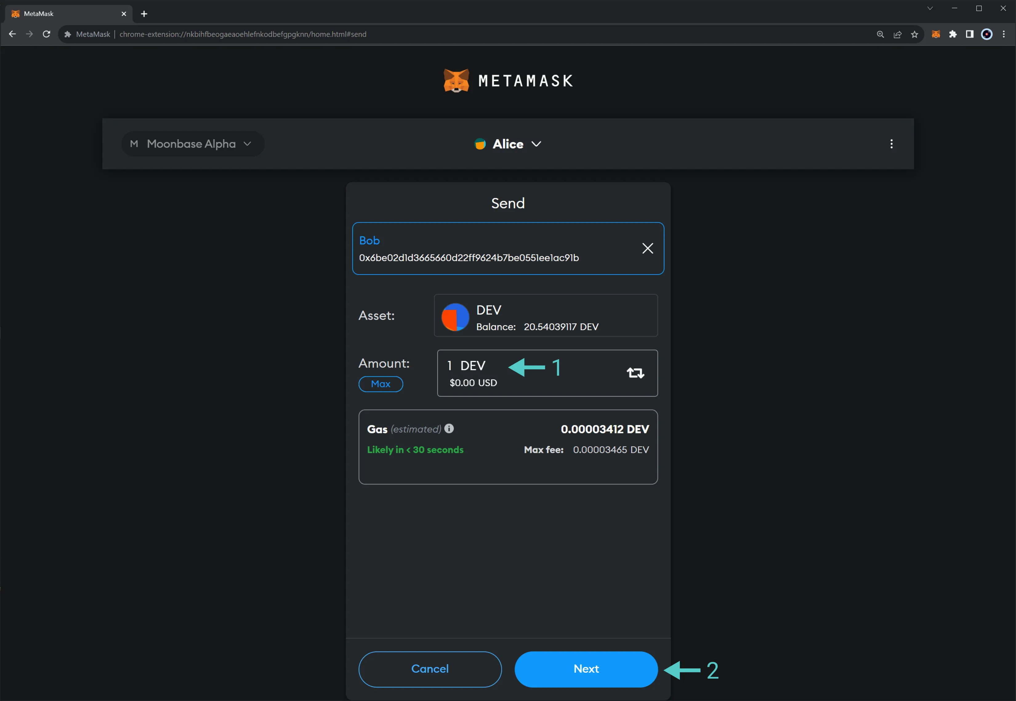 Set the amount of tokens to send in Metamask
