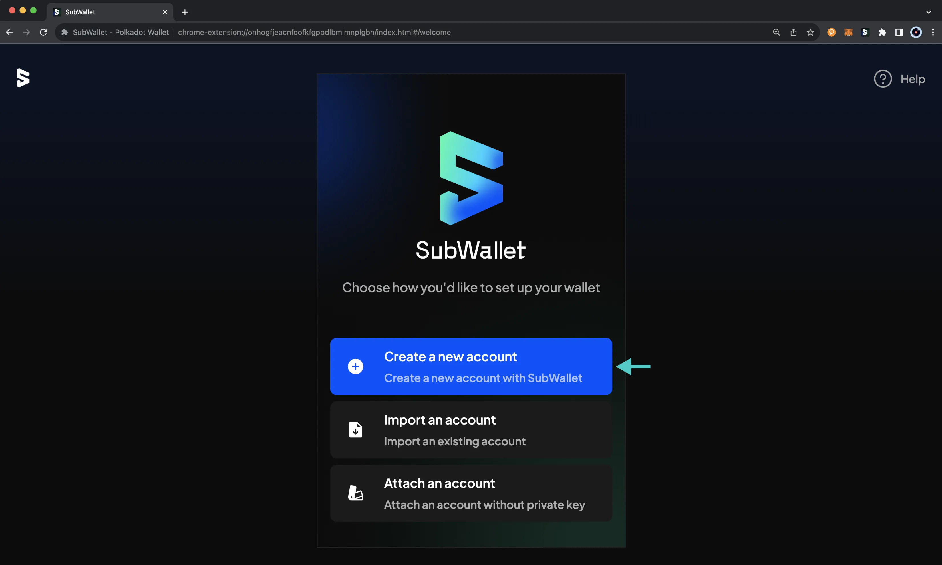 The main screen of the SubWallet browser extension.