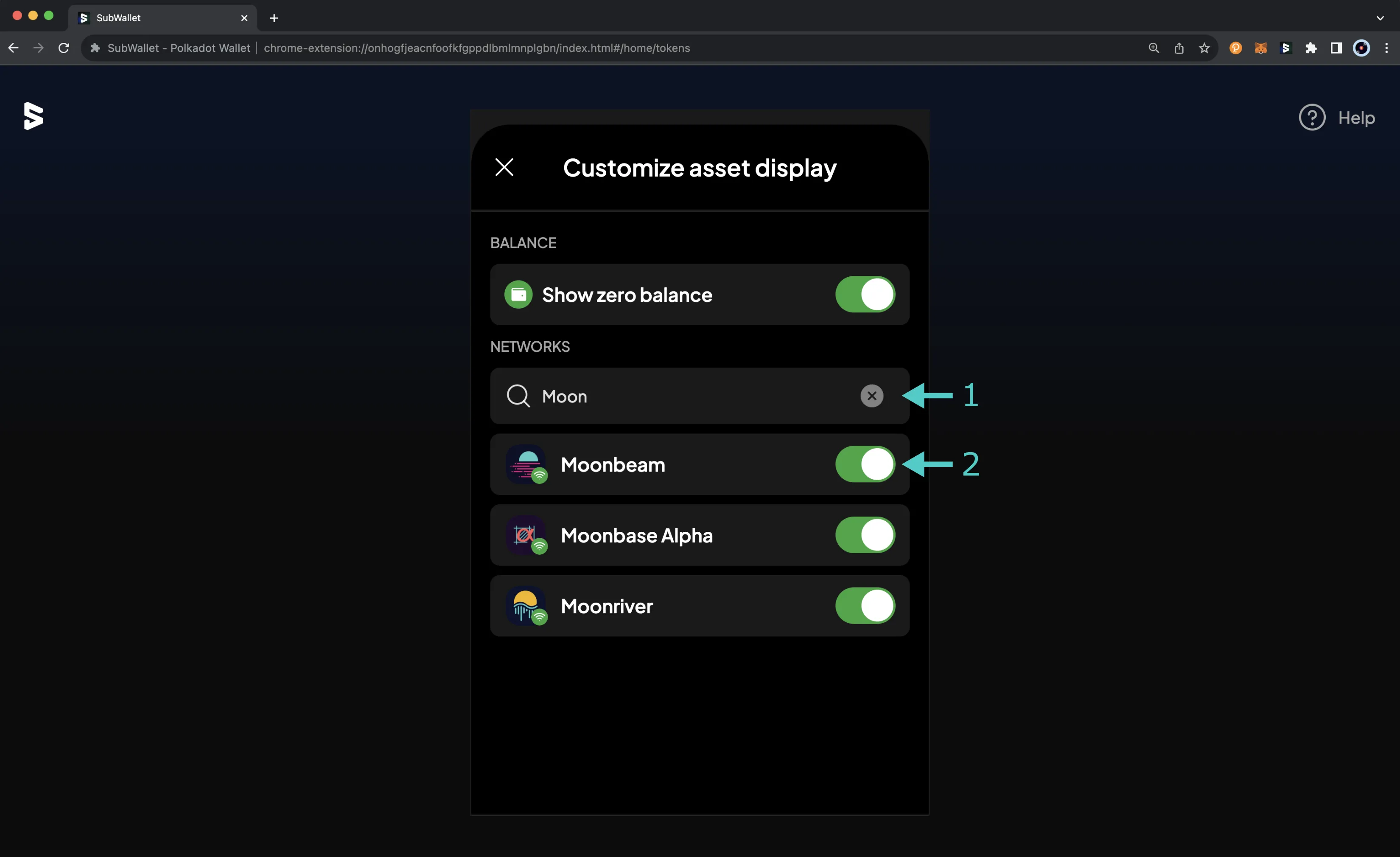 The customize asset display screen on the SubWallet browser extension.