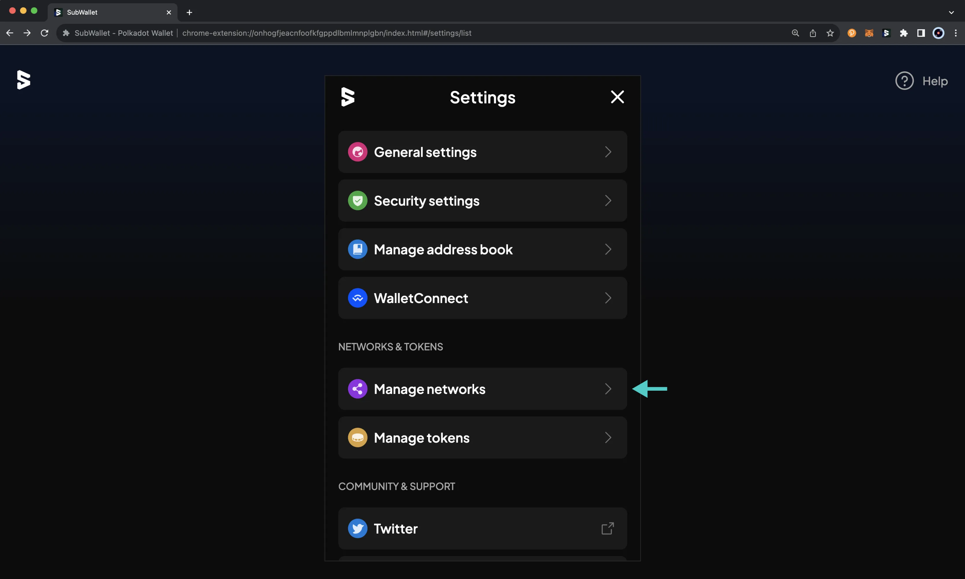 The settings screen on the SubWallet browser extension.