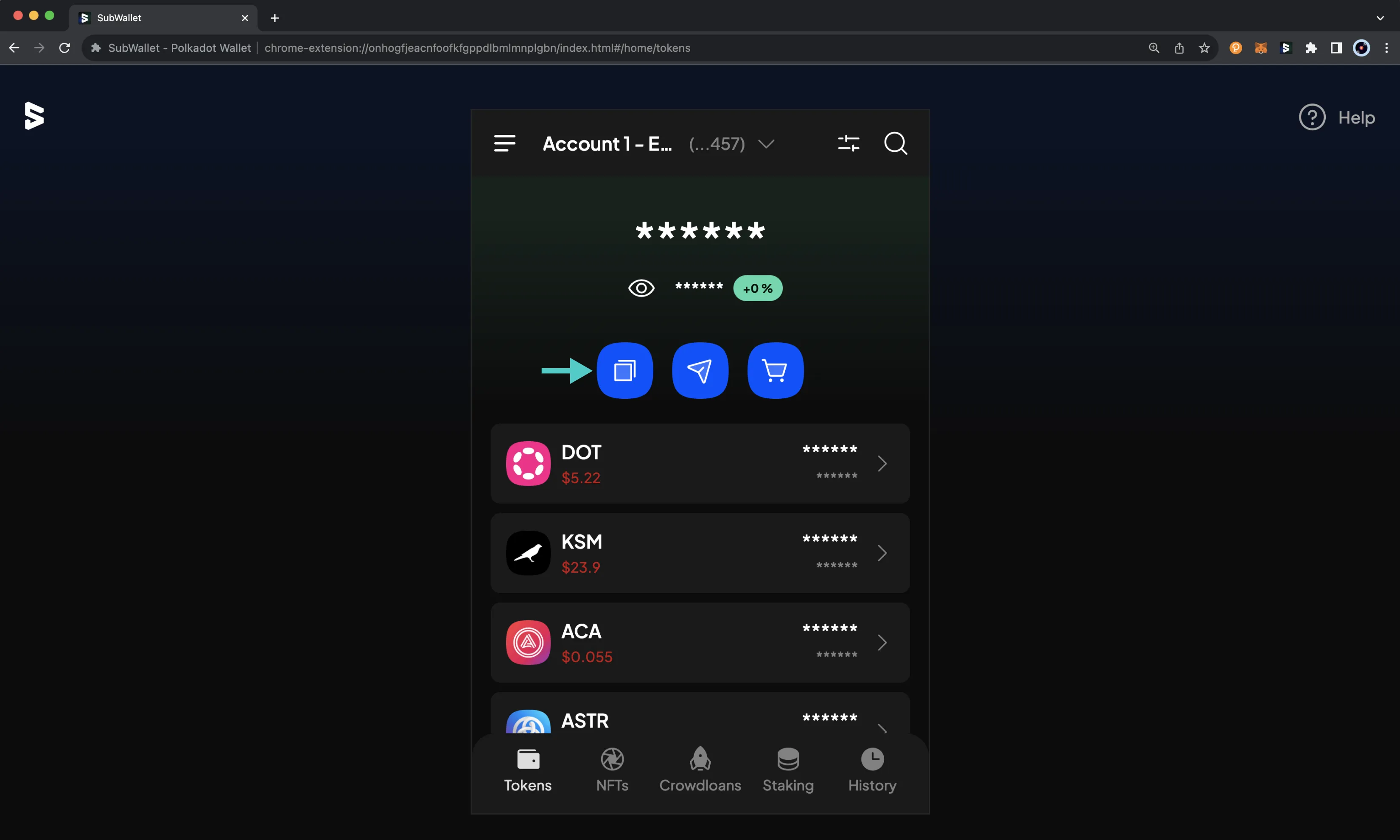 The tokens screen on the SubWallet browser extension.