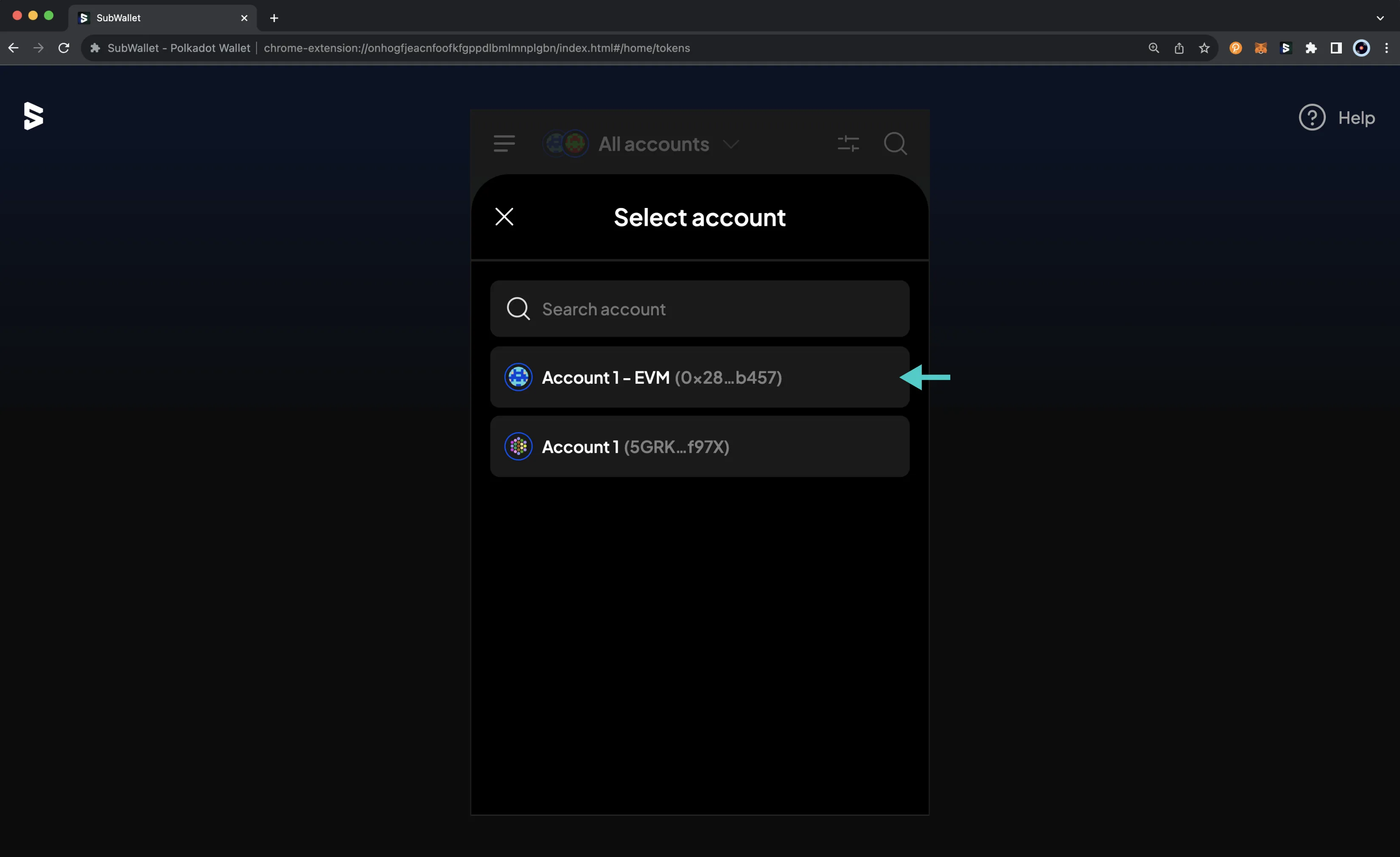 Select an account to receive tokens on the SubWallet browser extension.