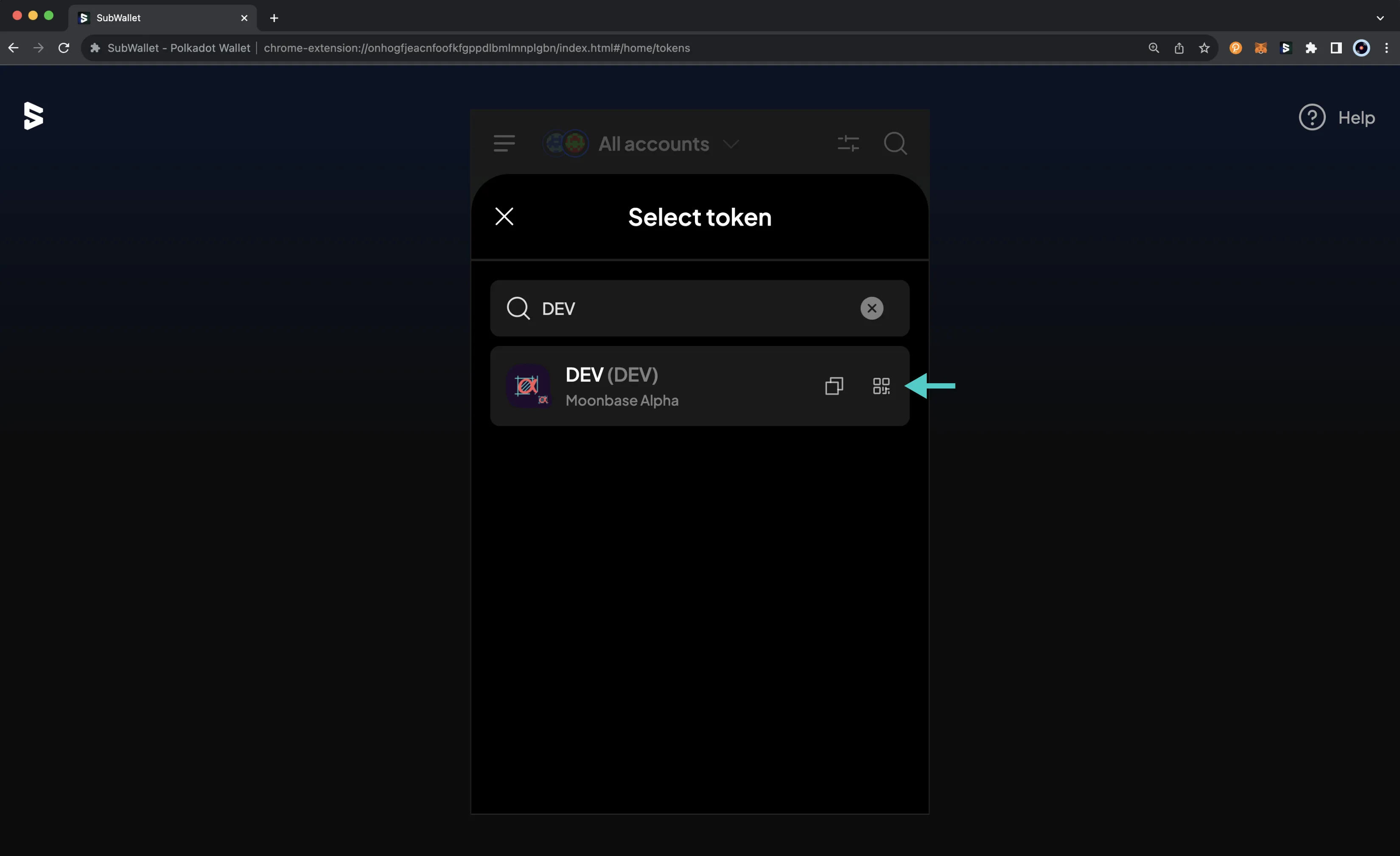 Search and choose desired token on the SubWallet browser extension.