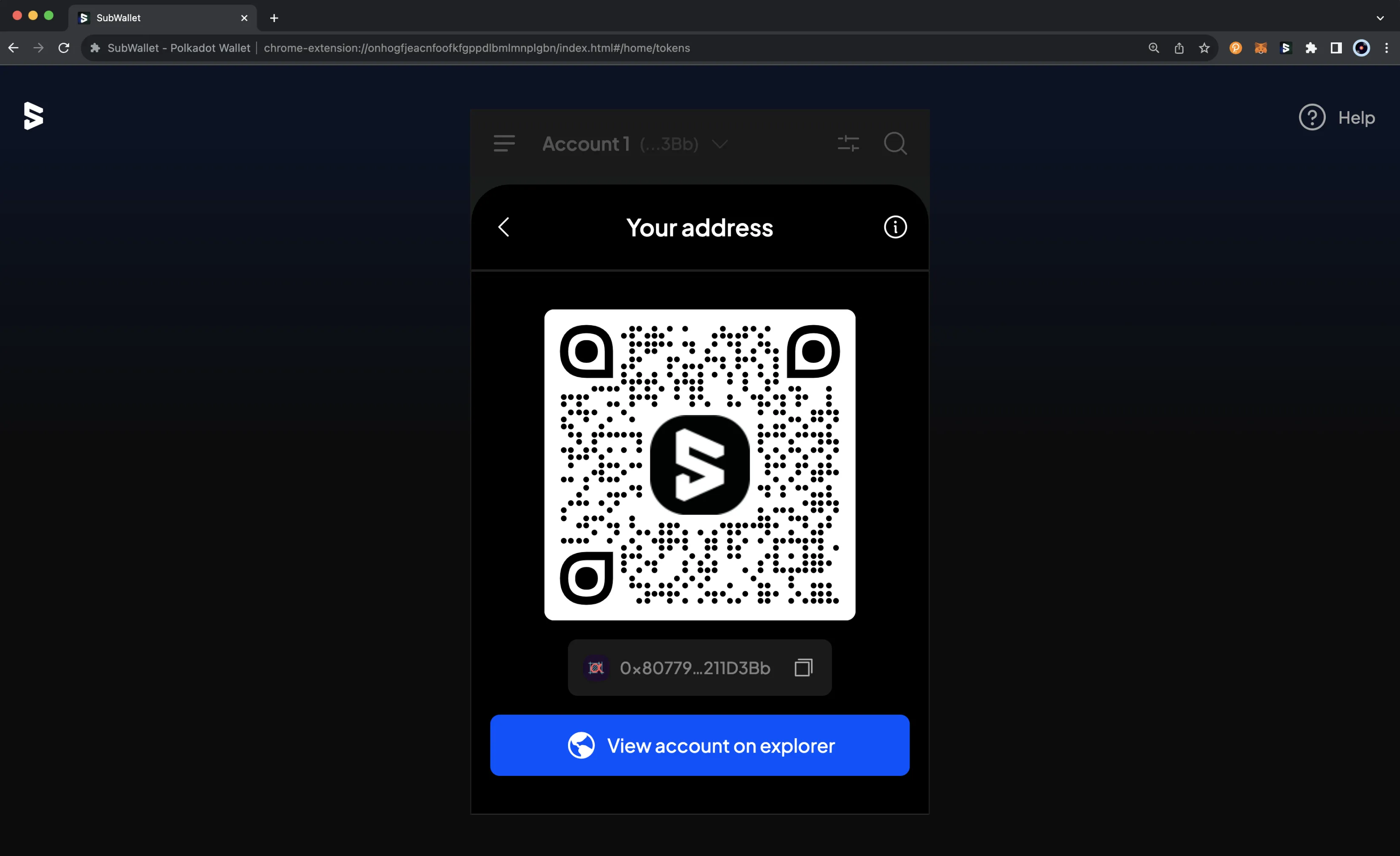 QR code and address to receive tokens on the SubWallet browser extension.