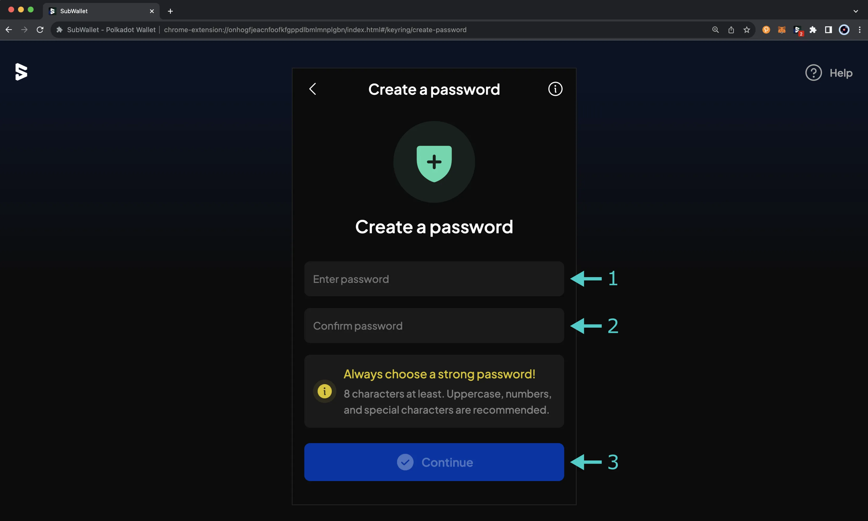 The create a password screen on the SubWallet browser extension.