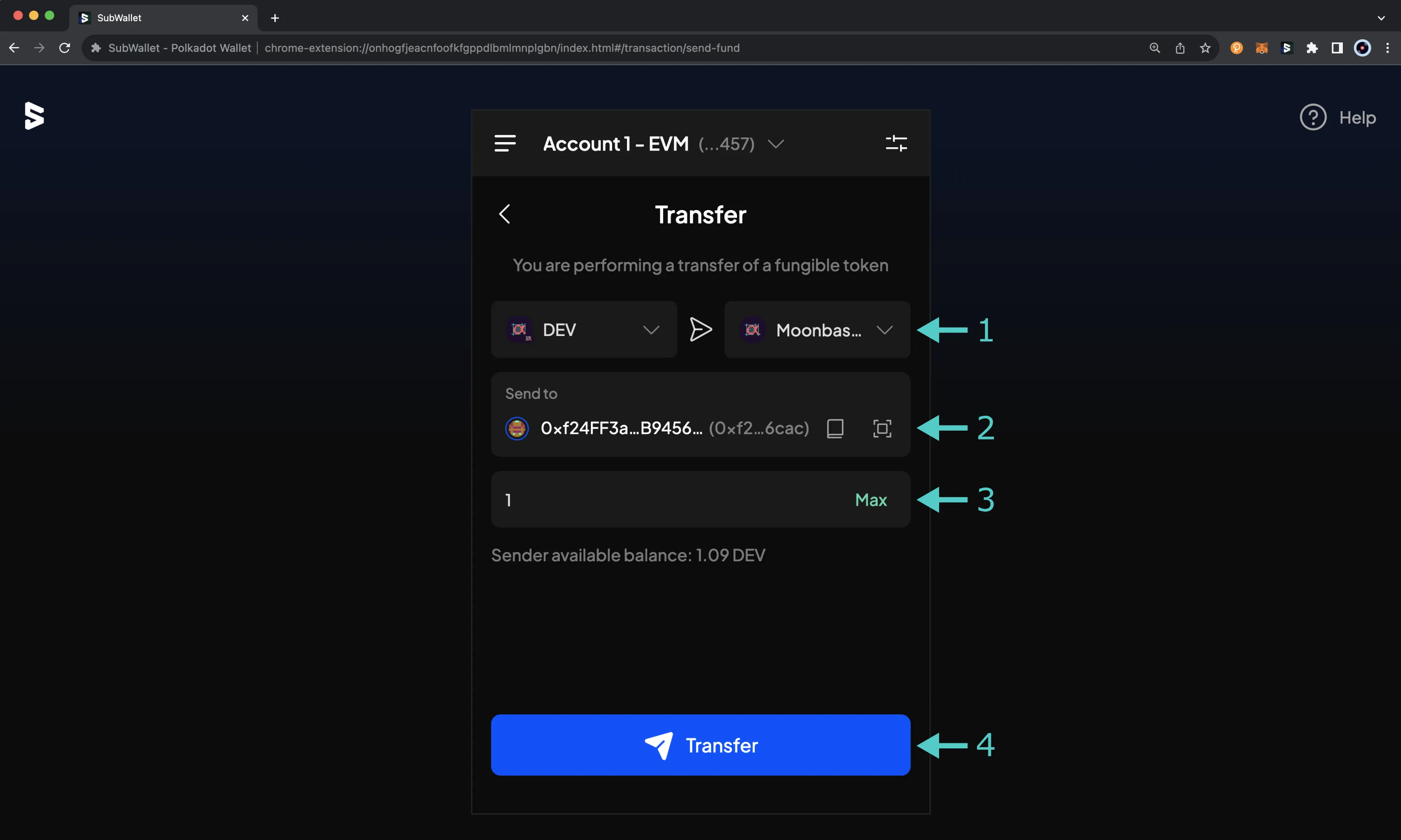 The transfer screen on the SubWallet browser extension, where you can enter in the transaction details.