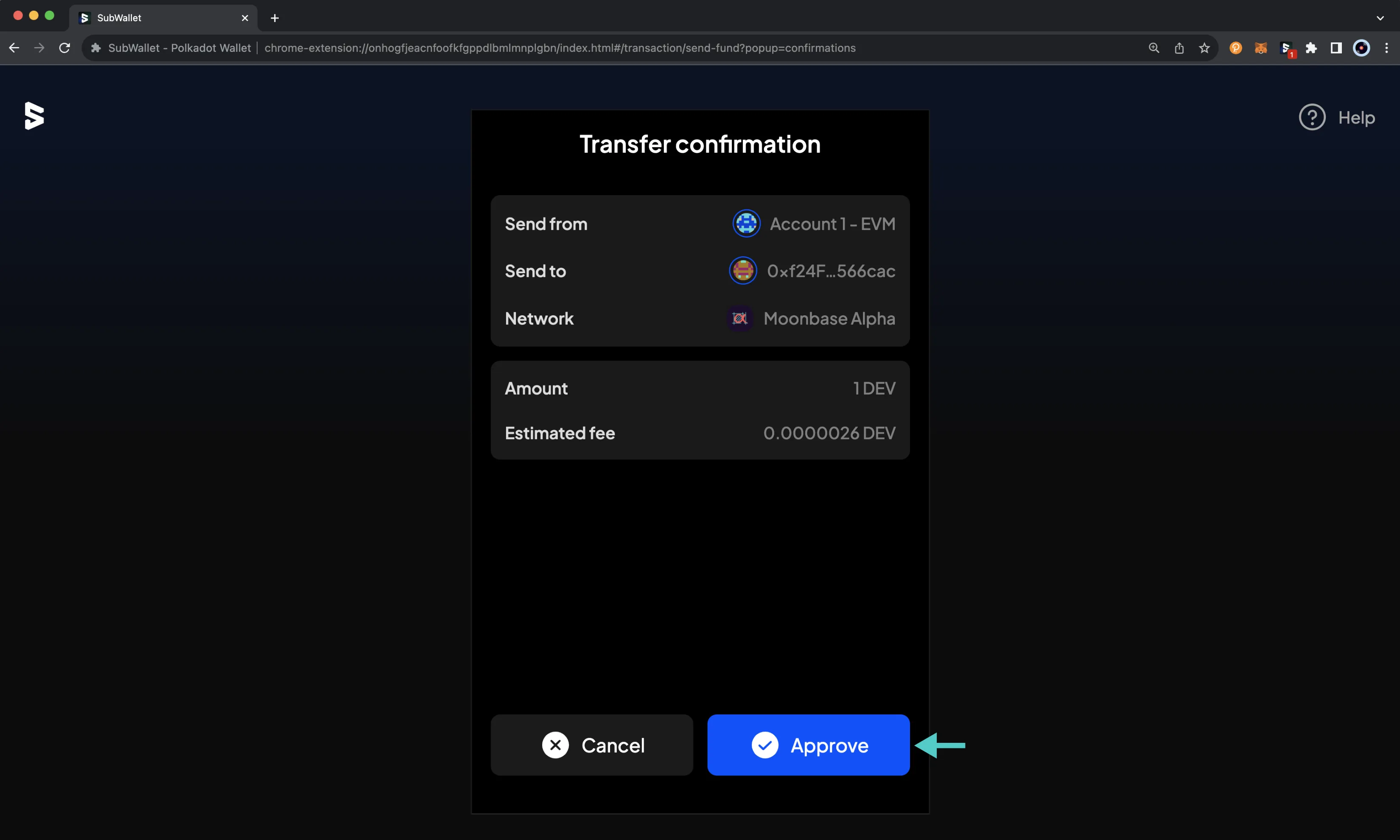 The transfer confirmation screen on the SubWallet browser extension.