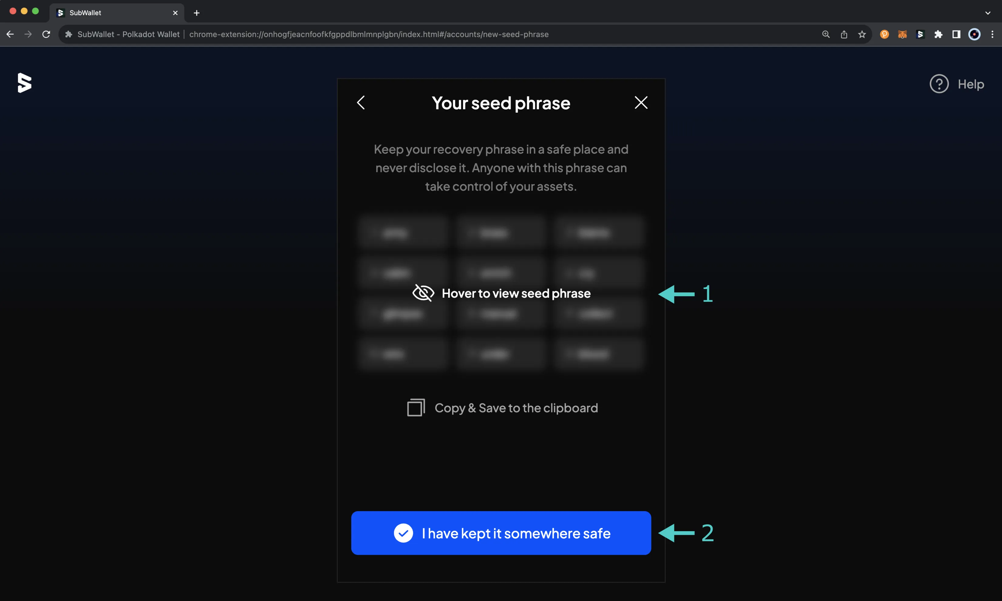Back up your seed phrase on the SubWallet browser extension.