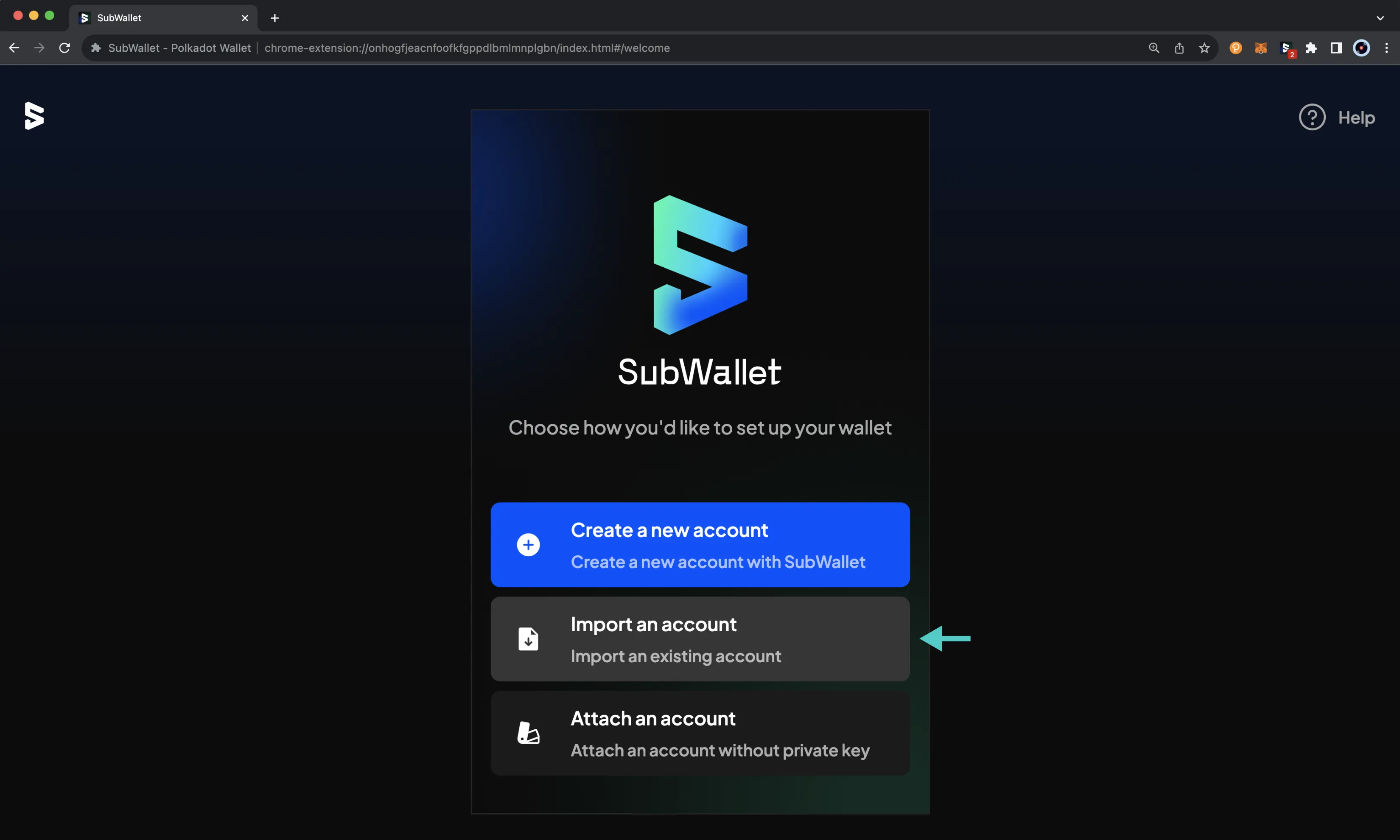 The main screen of the SubWallet browser extension.