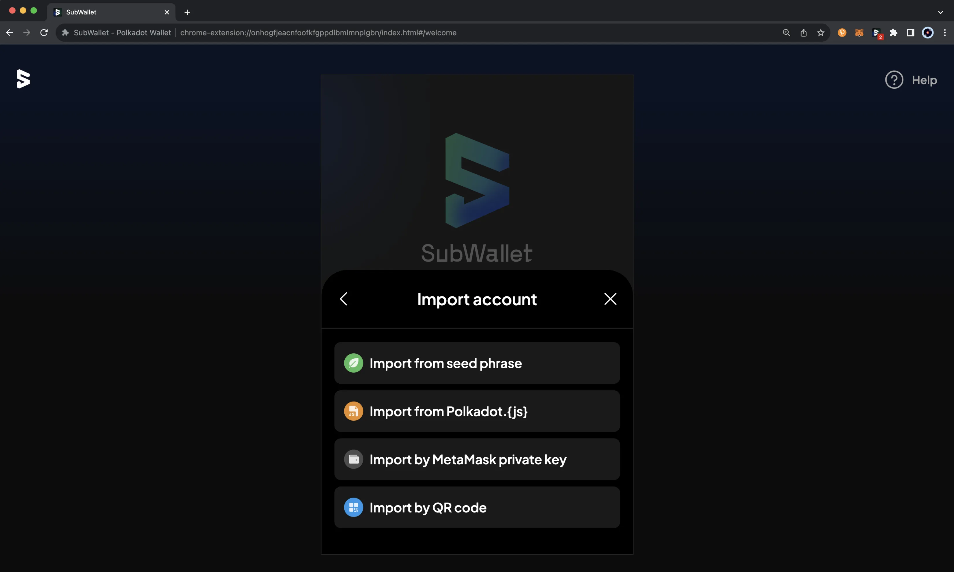 Select the import option from the Import account screen of the SubWallet browser extension.