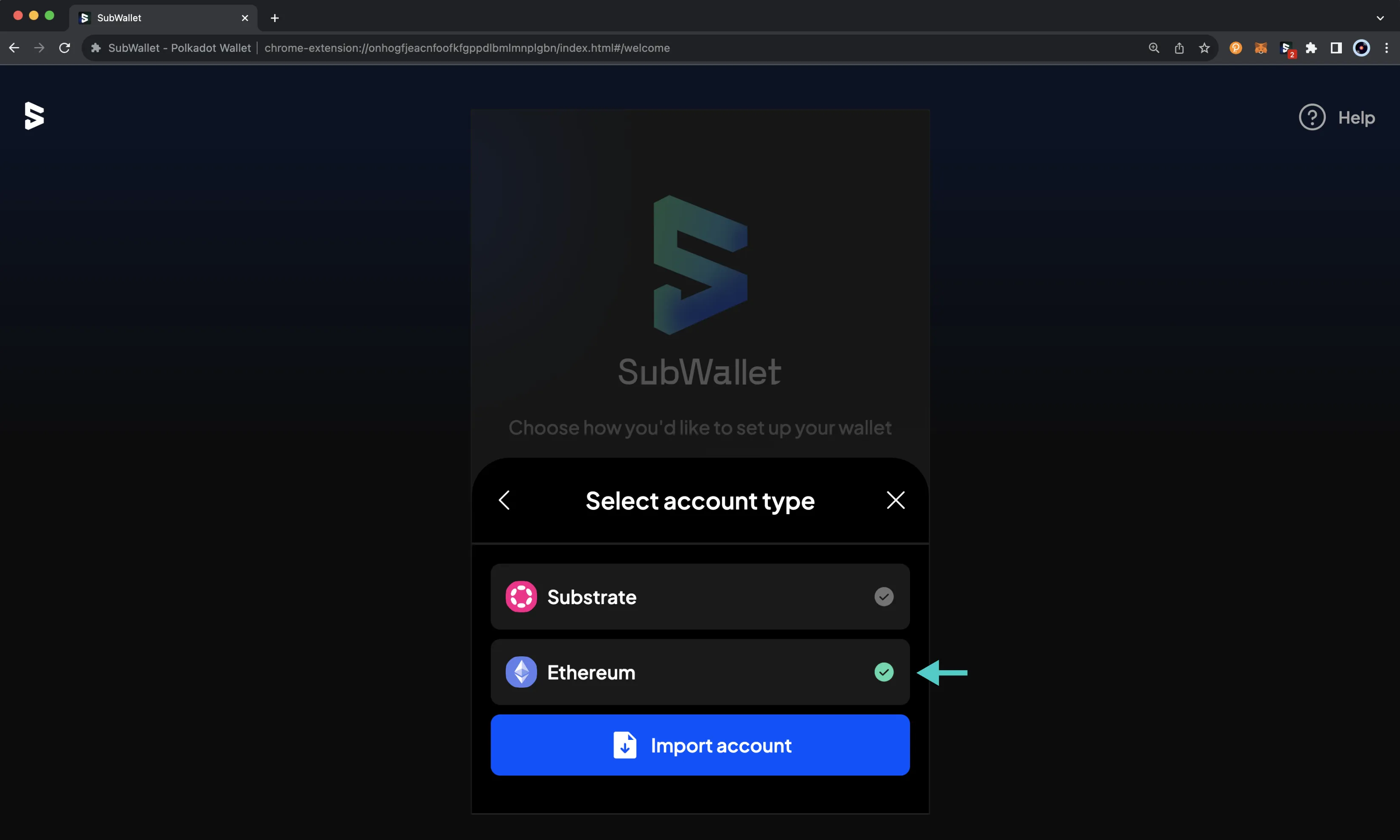 Select the account type to import on the SubWallet browser extension.