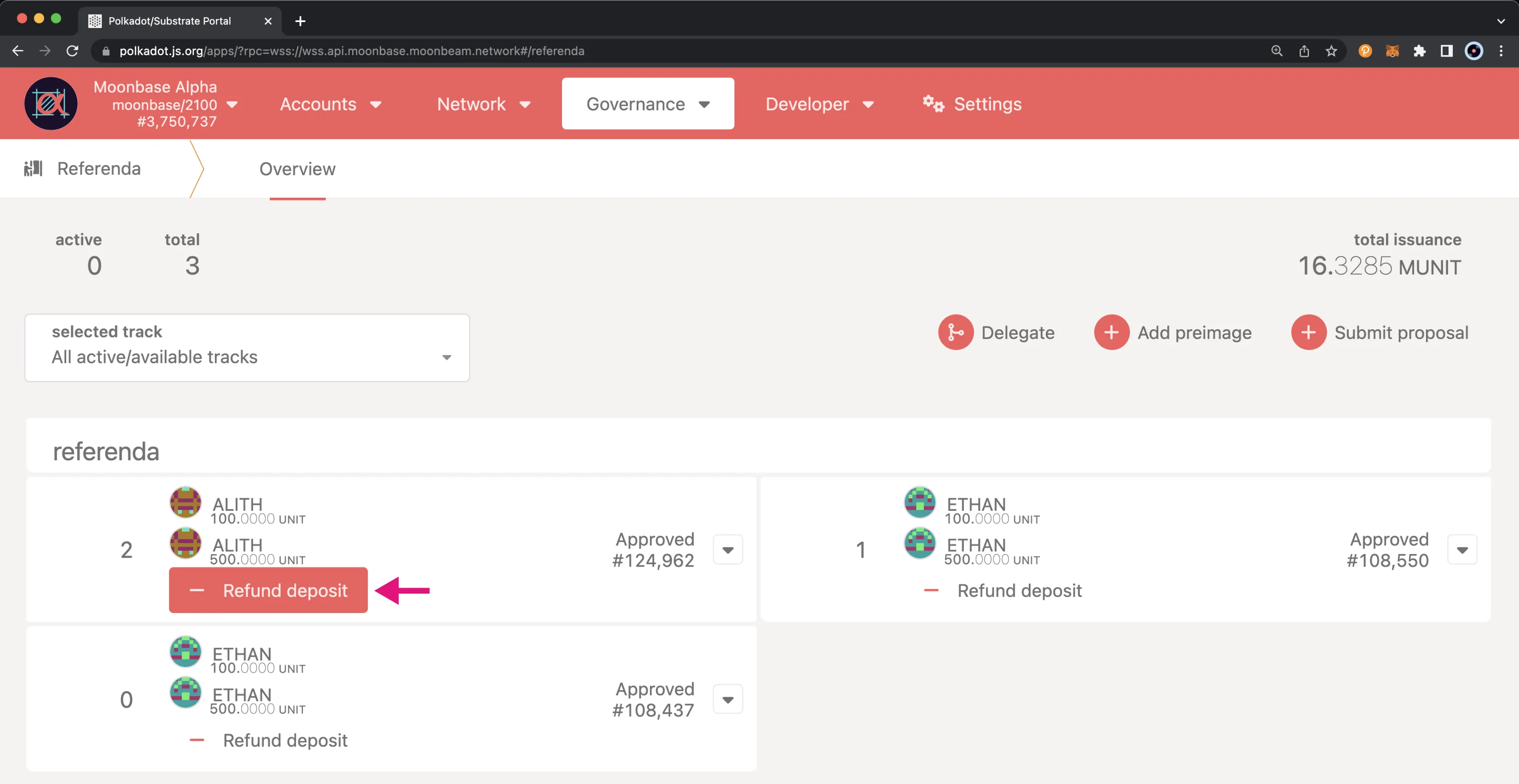 Get started refunding a Decision Deposit from a passed referendum on Polkadot.js Apps.